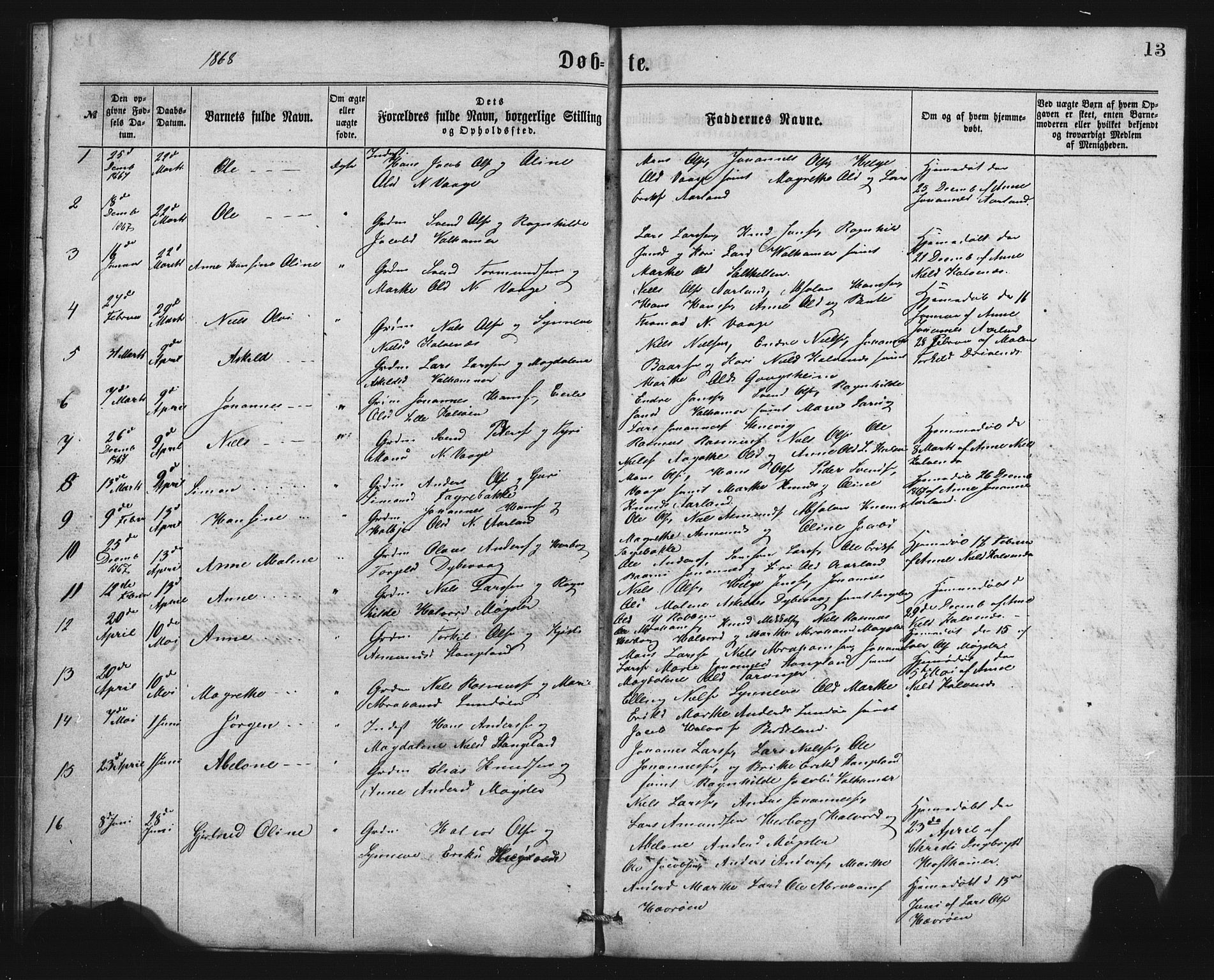 Austevoll Sokneprestembete, SAB/A-74201/H/Hab: Parish register (copy) no. B 2, 1865-1878, p. 13