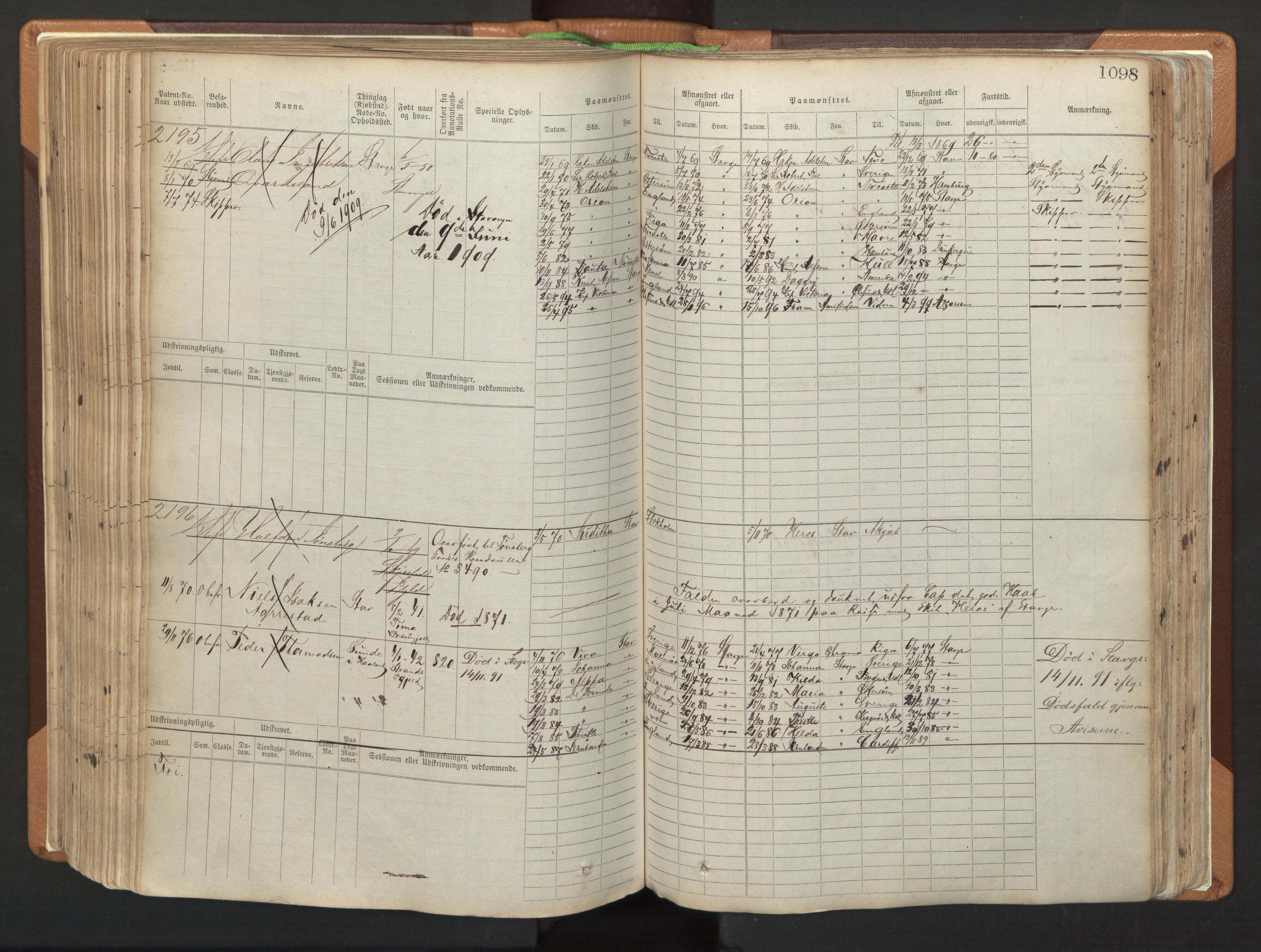 Stavanger sjømannskontor, AV/SAST-A-102006/F/Fb/Fbb/L0006: Sjøfartshovedrulle, patentnr. 1607-2402 (del 3), 1869-1880, p. 298