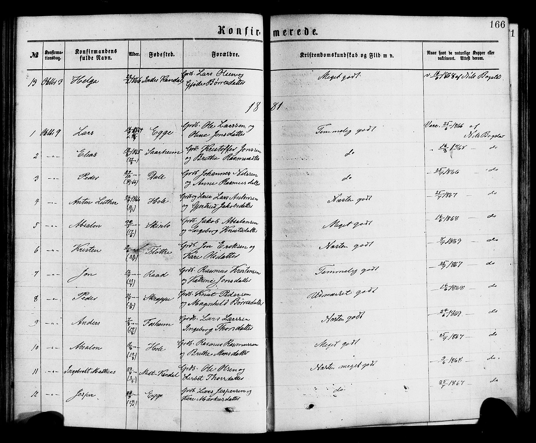 Gloppen sokneprestembete, SAB/A-80101/H/Haa/Haac/L0001: Parish register (official) no. C 1, 1871-1886, p. 166