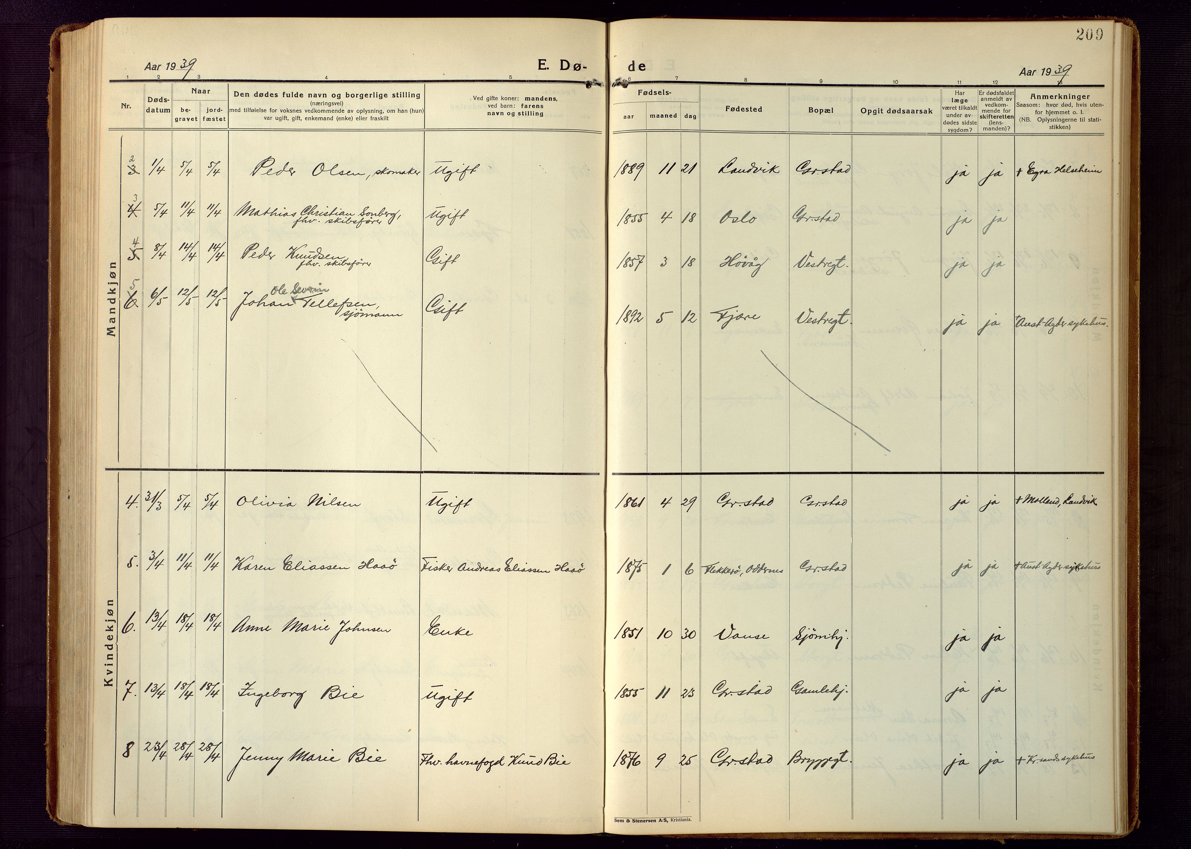 Grimstad sokneprestkontor, AV/SAK-1111-0017/F/Fb/L0002: Parish register (copy) no. B 2, 1923-1949, p. 209