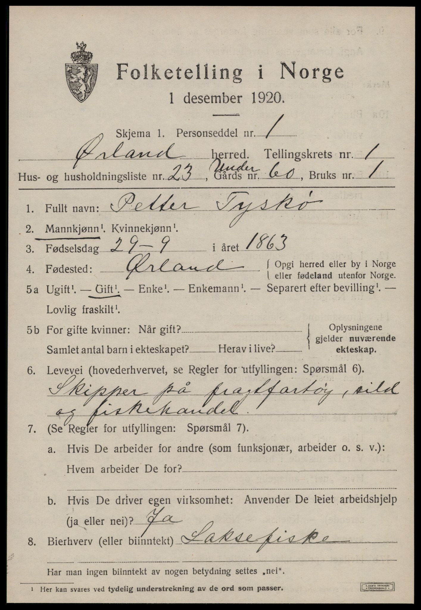 SAT, 1920 census for Ørland, 1920, p. 1663