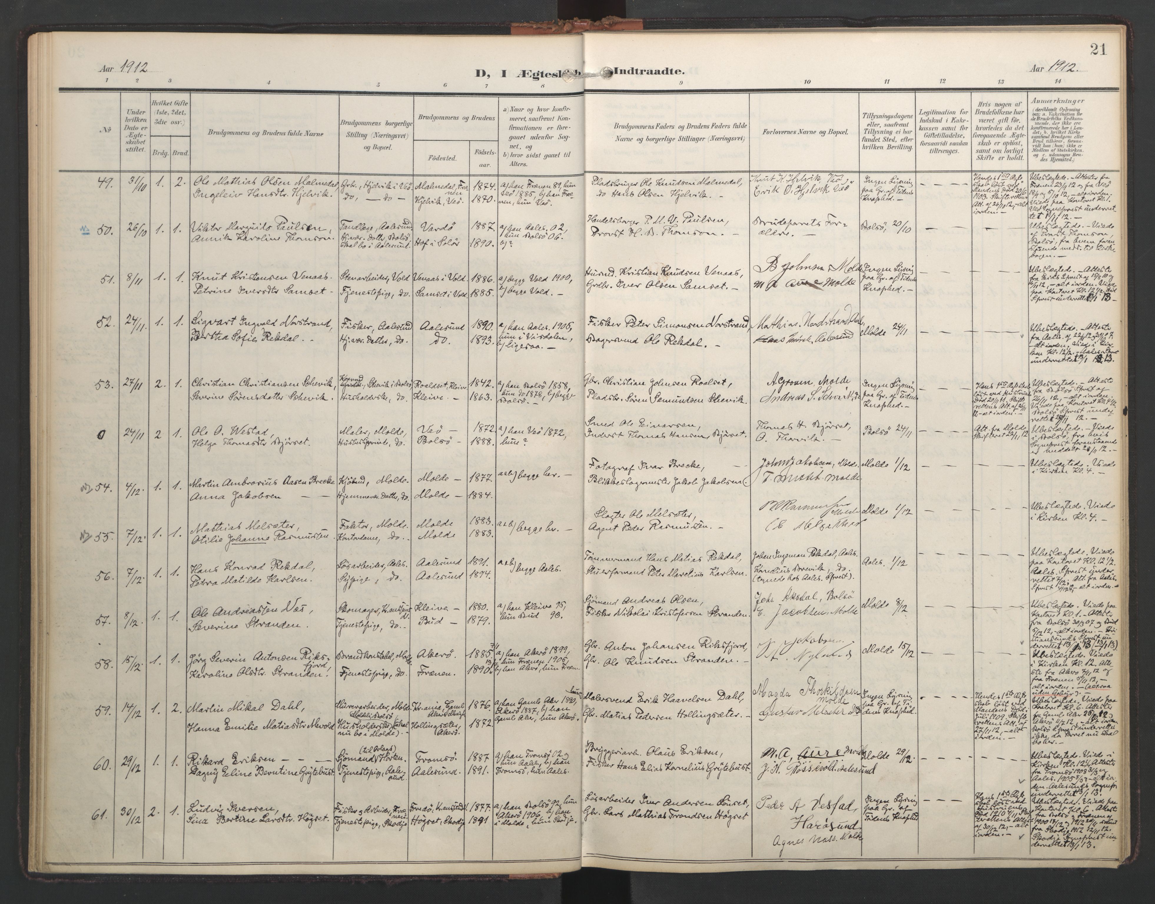 Ministerialprotokoller, klokkerbøker og fødselsregistre - Møre og Romsdal, SAT/A-1454/558/L0694: Parish register (official) no. 558A08, 1907-1922, p. 21