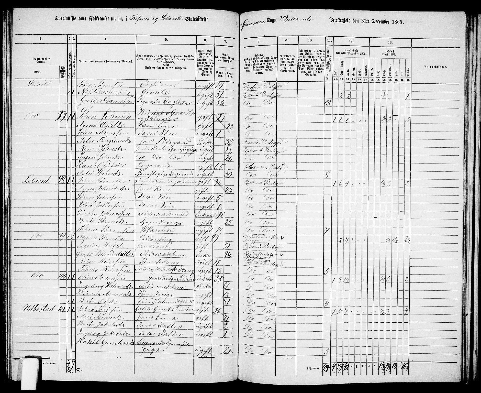 RA, 1865 census for Bjelland, 1865, p. 78