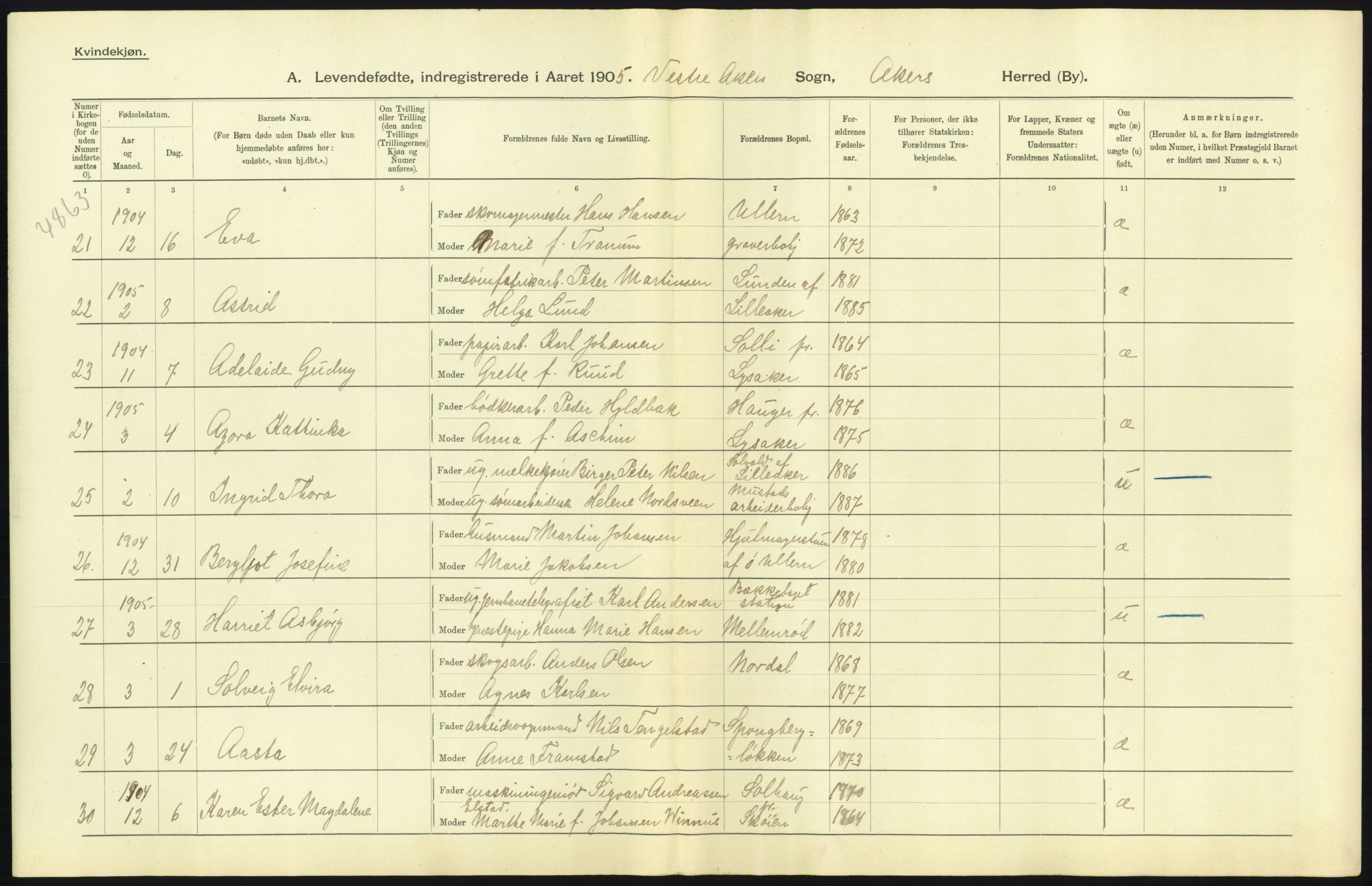 Statistisk sentralbyrå, Sosiodemografiske emner, Befolkning, RA/S-2228/D/Df/Dfa/Dfac/L0004: Akershus amt: Fødte. Bygder., 1905, p. 33