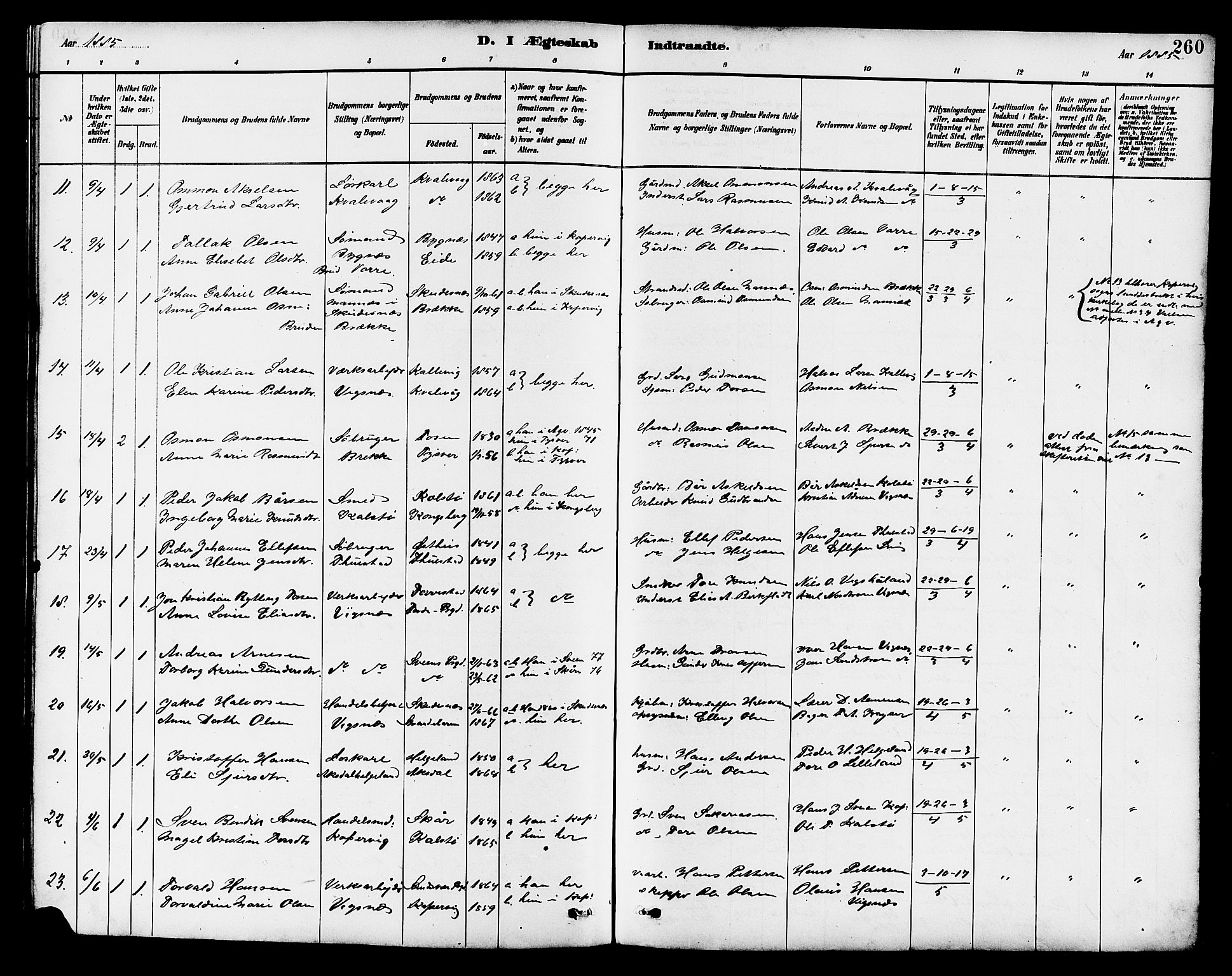 Avaldsnes sokneprestkontor, SAST/A -101851/H/Ha/Hab/L0007: Parish register (copy) no. B 7, 1885-1909, p. 260