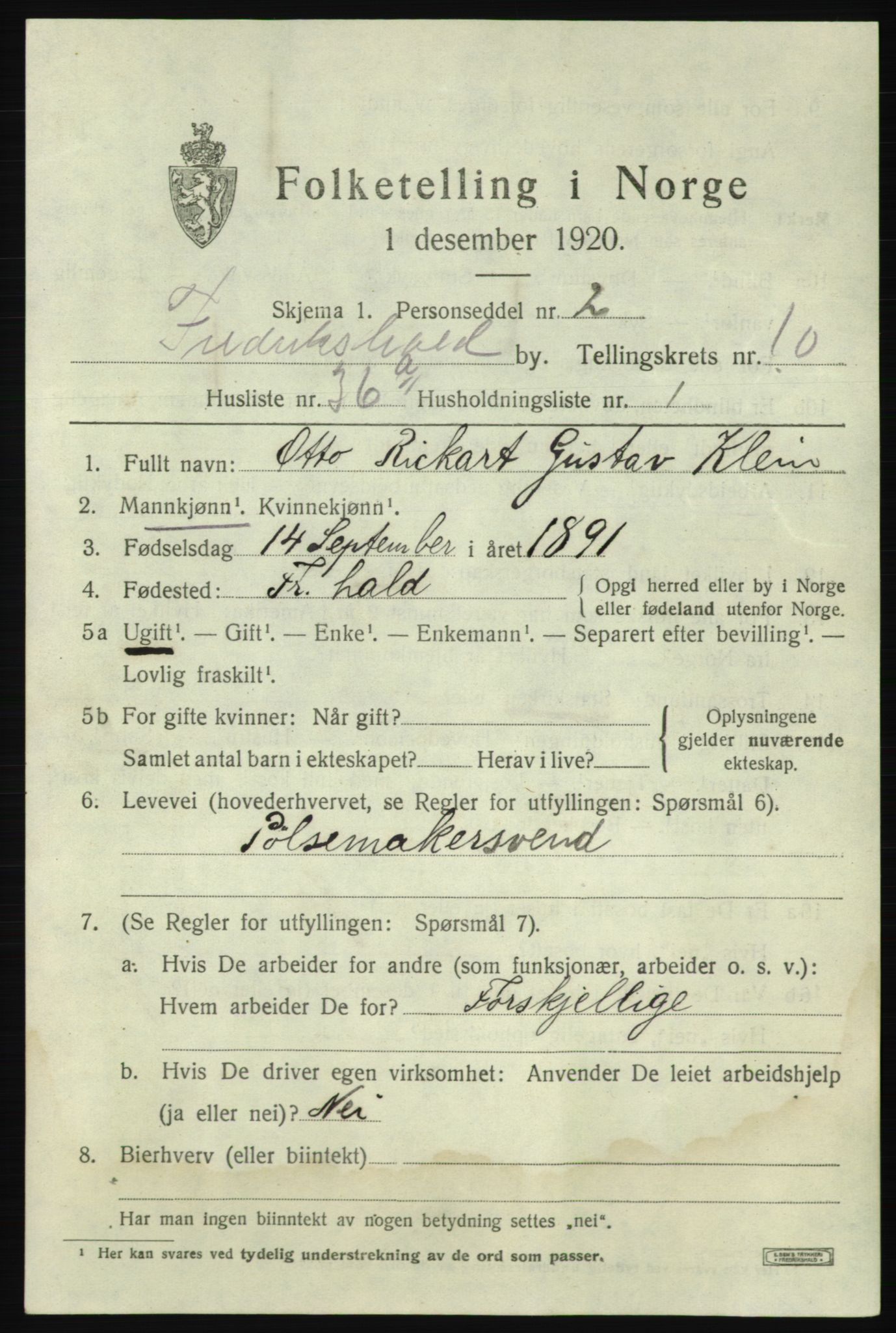 SAO, 1920 census for Fredrikshald, 1920, p. 18523