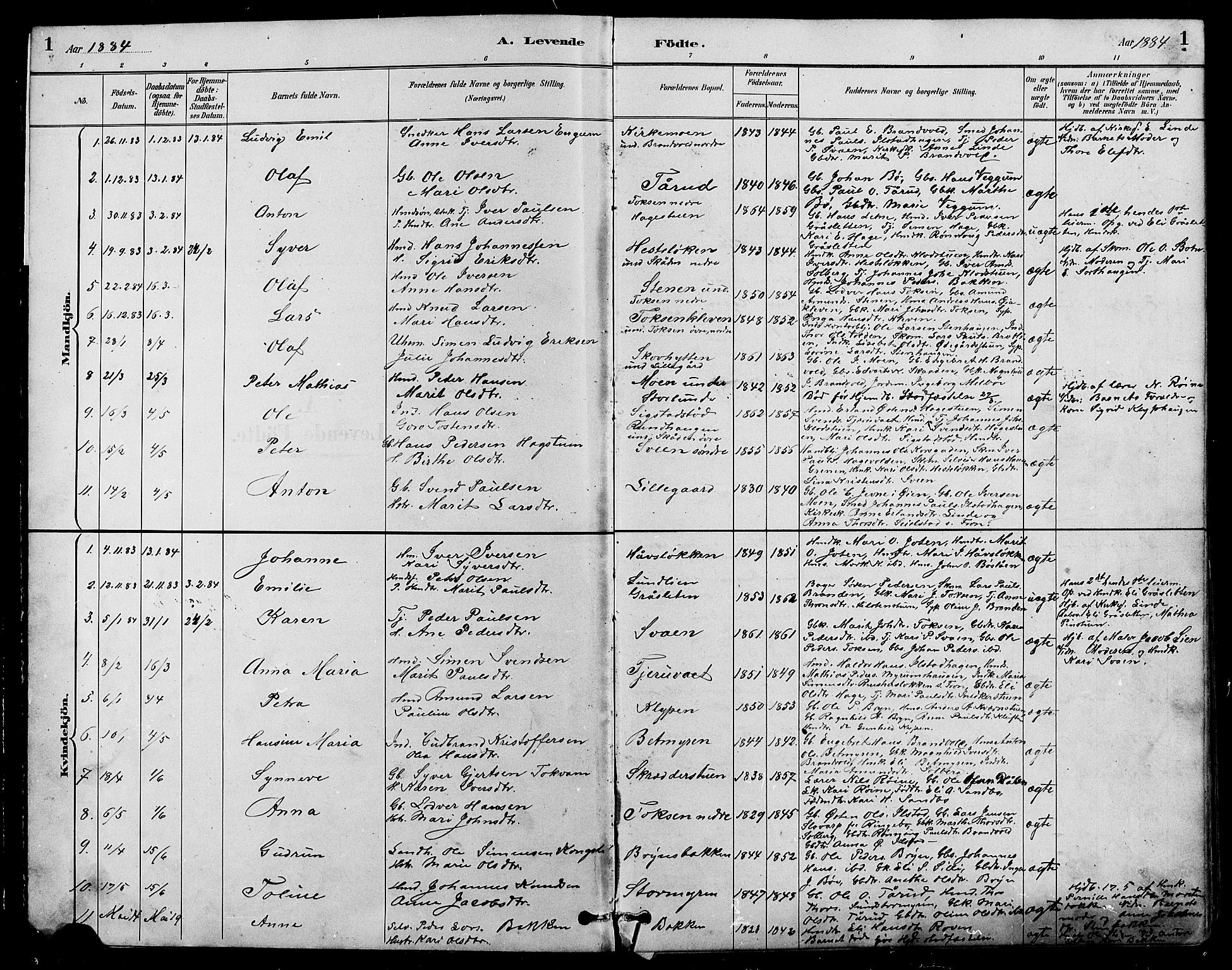 Nord-Fron prestekontor, SAH/PREST-080/H/Ha/Hab/L0004: Parish register (copy) no. 4, 1884-1914, p. 1