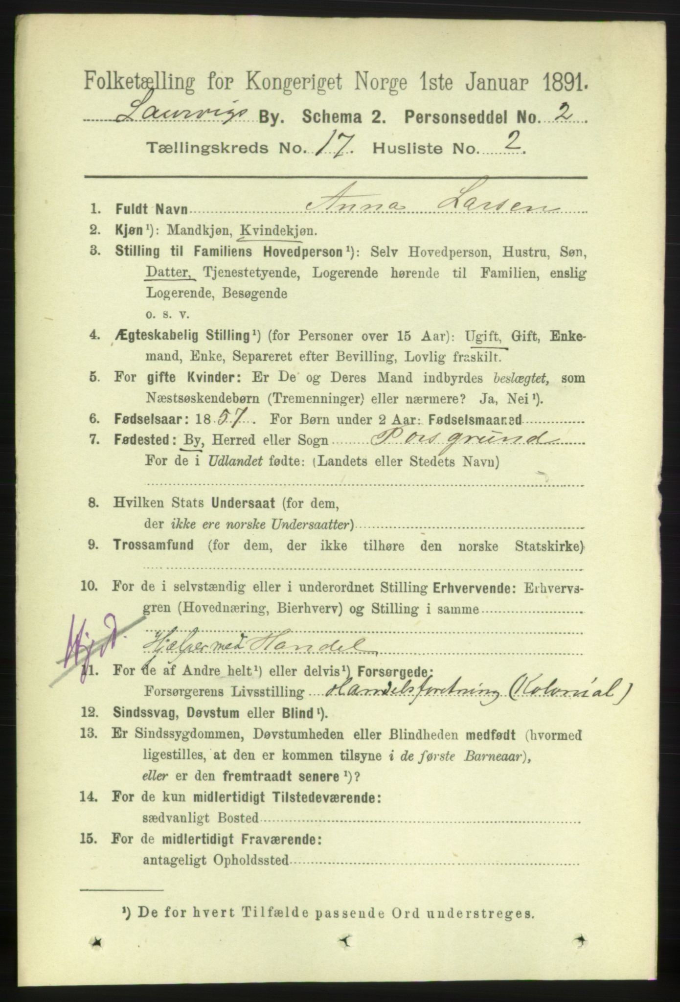 RA, 1891 census for 0707 Larvik, 1891, p. 12343