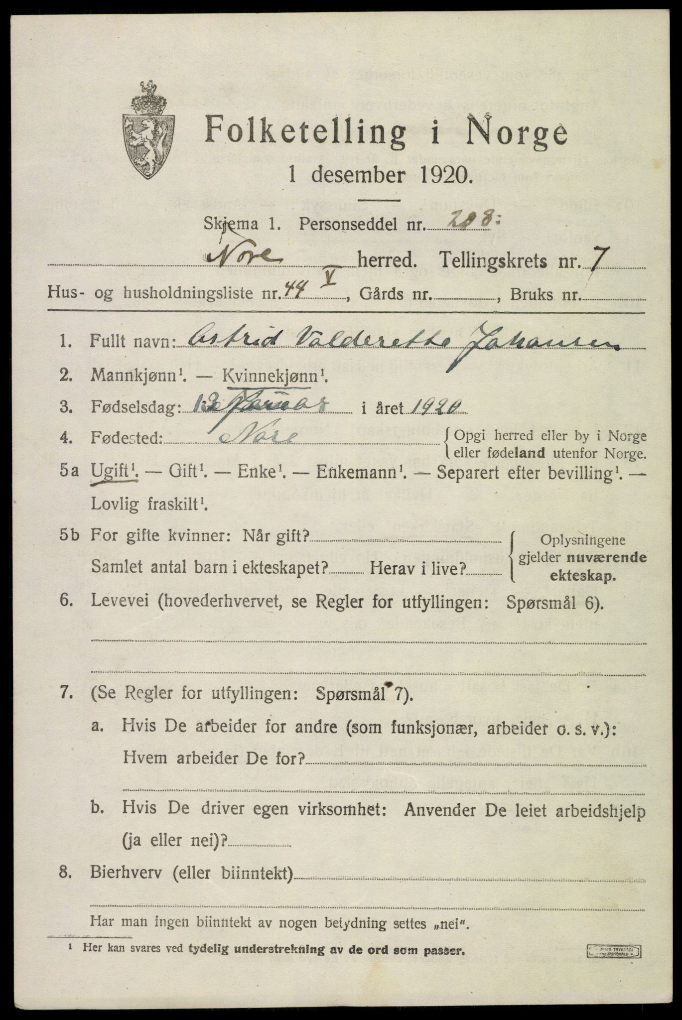 SAKO, 1920 census for Nore, 1920, p. 3982