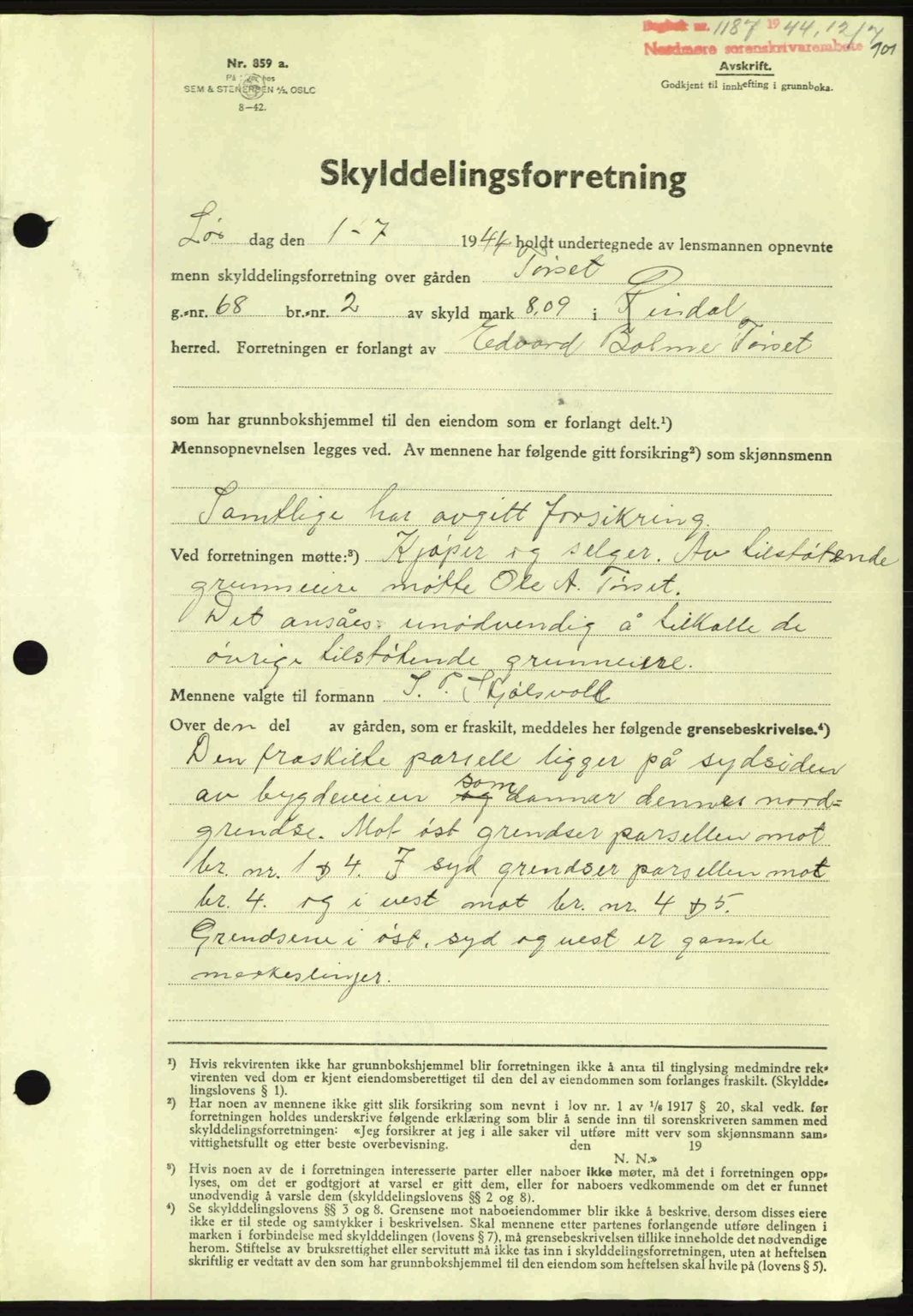 Nordmøre sorenskriveri, AV/SAT-A-4132/1/2/2Ca: Mortgage book no. A97, 1944-1944, Diary no: : 1187/1944