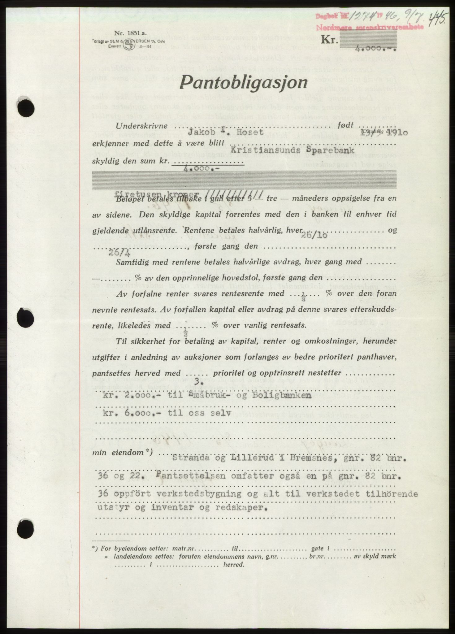 Nordmøre sorenskriveri, AV/SAT-A-4132/1/2/2Ca: Mortgage book no. B94, 1946-1946, Diary no: : 1274/1946