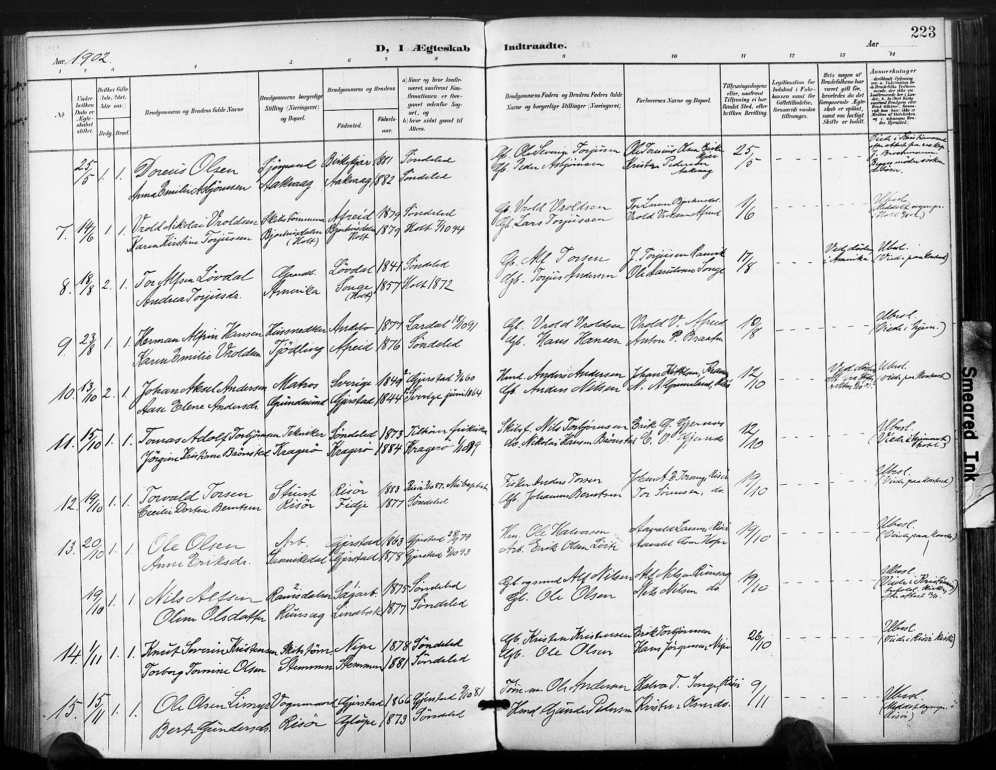 Søndeled sokneprestkontor, AV/SAK-1111-0038/F/Fa/L0006: Parish register (official) no. A 6, 1900-1922, p. 223