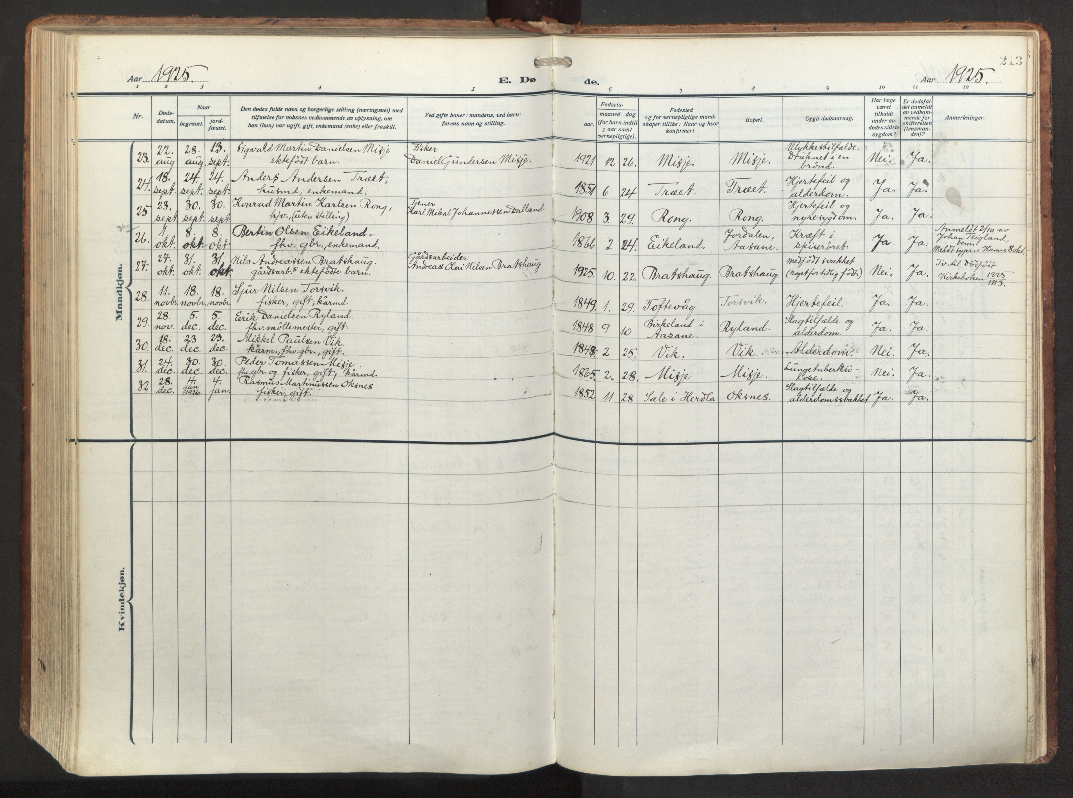 Herdla Sokneprestembete, AV/SAB-A-75701/H/Haa: Parish register (official) no. A 6, 1918-1933, p. 213