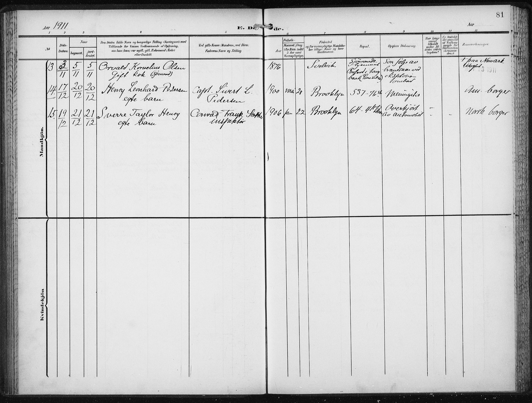 Den norske sjømannsmisjon i utlandet/New York, SAB/SAB/PA-0110/H/Ha/L0006: Parish register (official) no. A 6, 1909-1914, p. 81