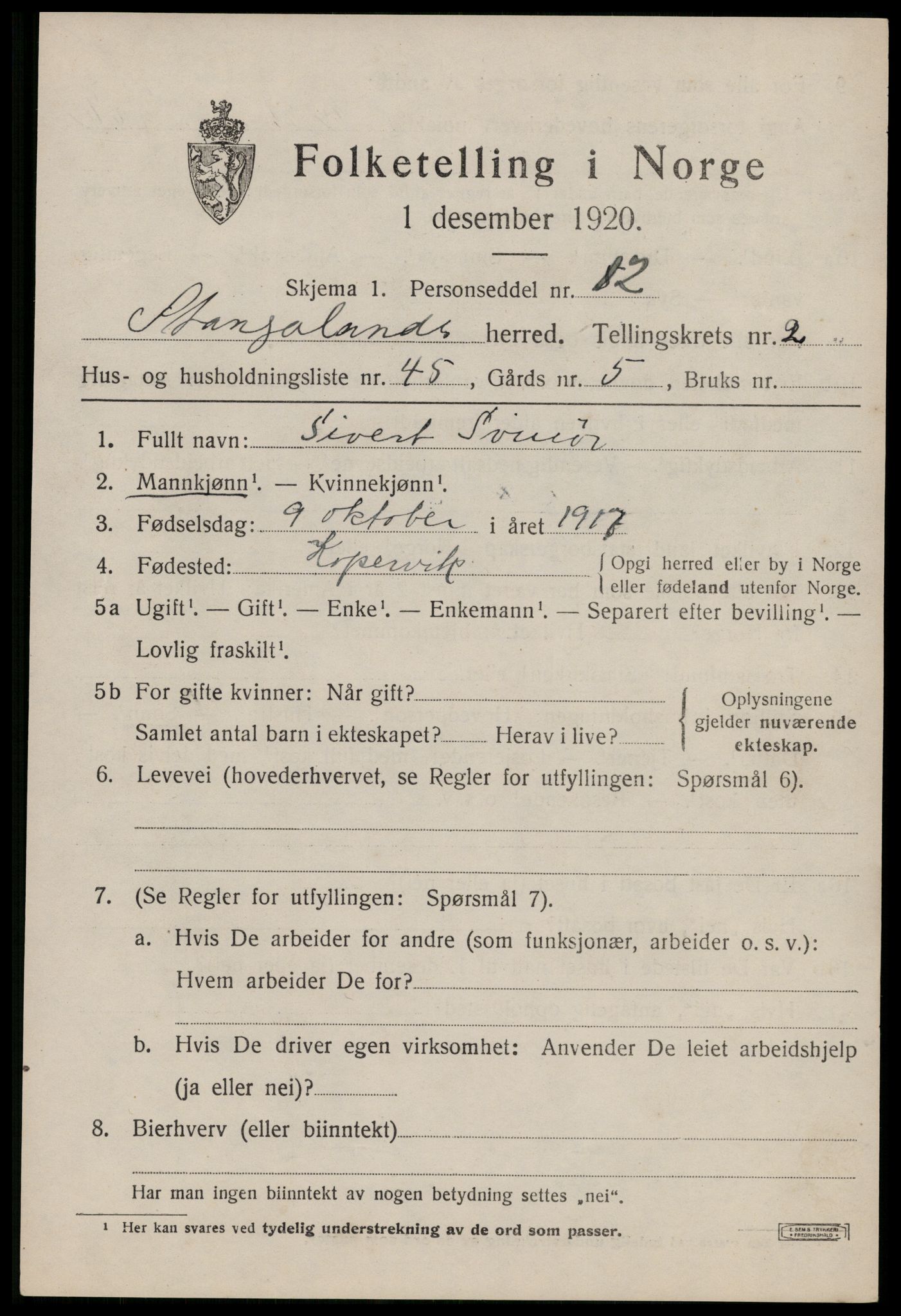 SAST, 1920 census for Stangaland, 1920, p. 1789