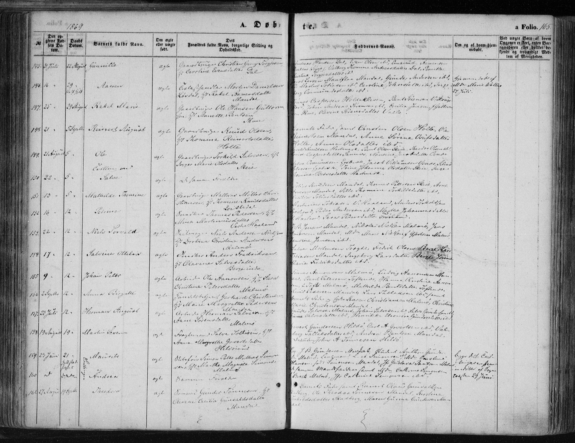 Mandal sokneprestkontor, AV/SAK-1111-0030/F/Fa/Faa/L0014: Parish register (official) no. A 14, 1859-1872, p. 165