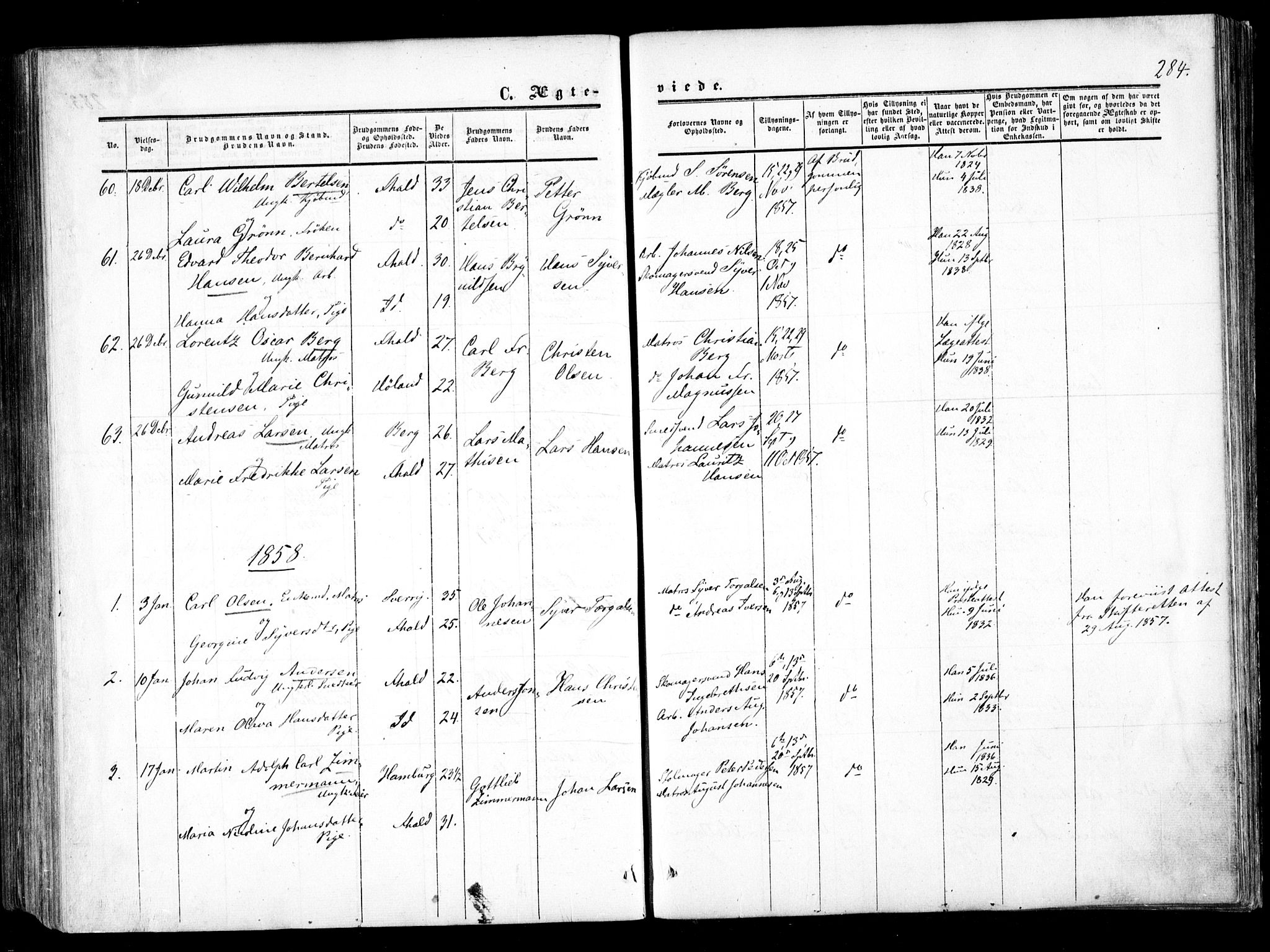 Halden prestekontor Kirkebøker, AV/SAO-A-10909/F/Fa/L0007: Parish register (official) no. I 7, 1857-1865, p. 284