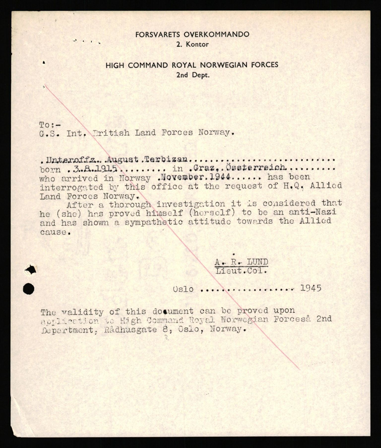 Forsvaret, Forsvarets overkommando II, AV/RA-RAFA-3915/D/Db/L0040: CI Questionaires. Tyske okkupasjonsstyrker i Norge. Østerrikere., 1945-1946, p. 293