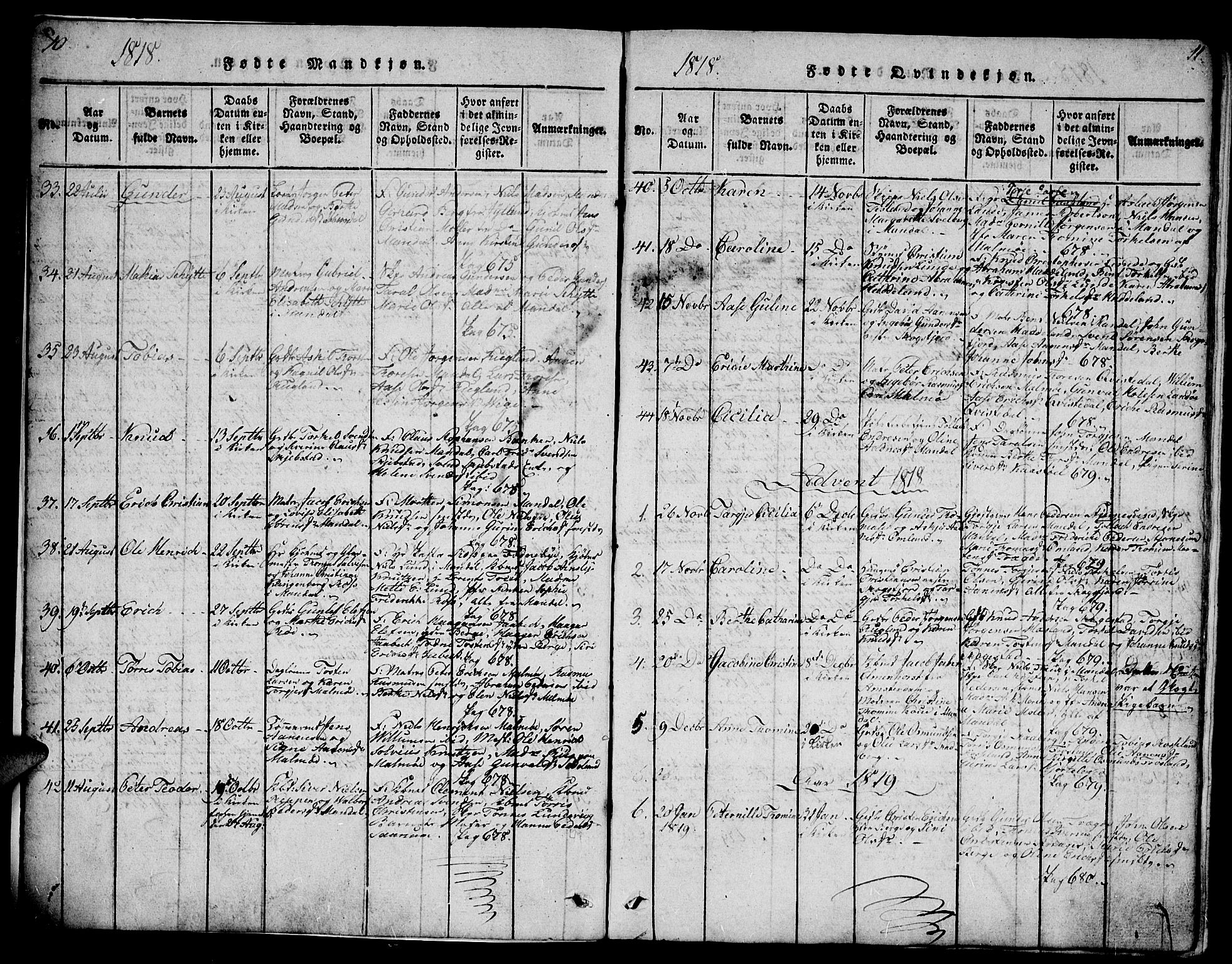 Mandal sokneprestkontor, SAK/1111-0030/F/Fb/Fba/L0001: Parish register (copy) no. B 1, 1818-1830, p. 10-11