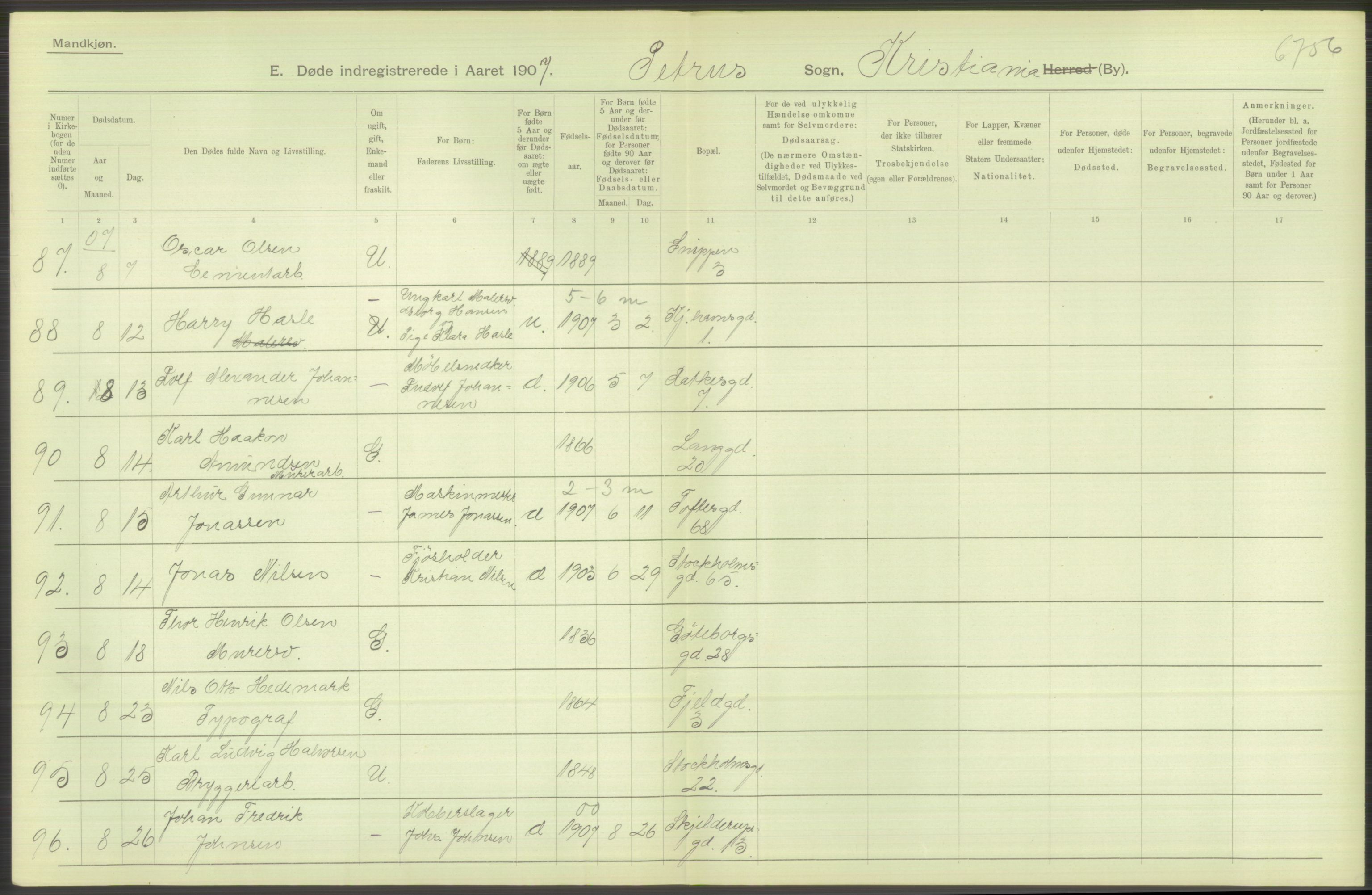 Statistisk sentralbyrå, Sosiodemografiske emner, Befolkning, AV/RA-S-2228/D/Df/Dfa/Dfae/L0010: Kristiania: Døde, dødfødte, 1907, p. 260