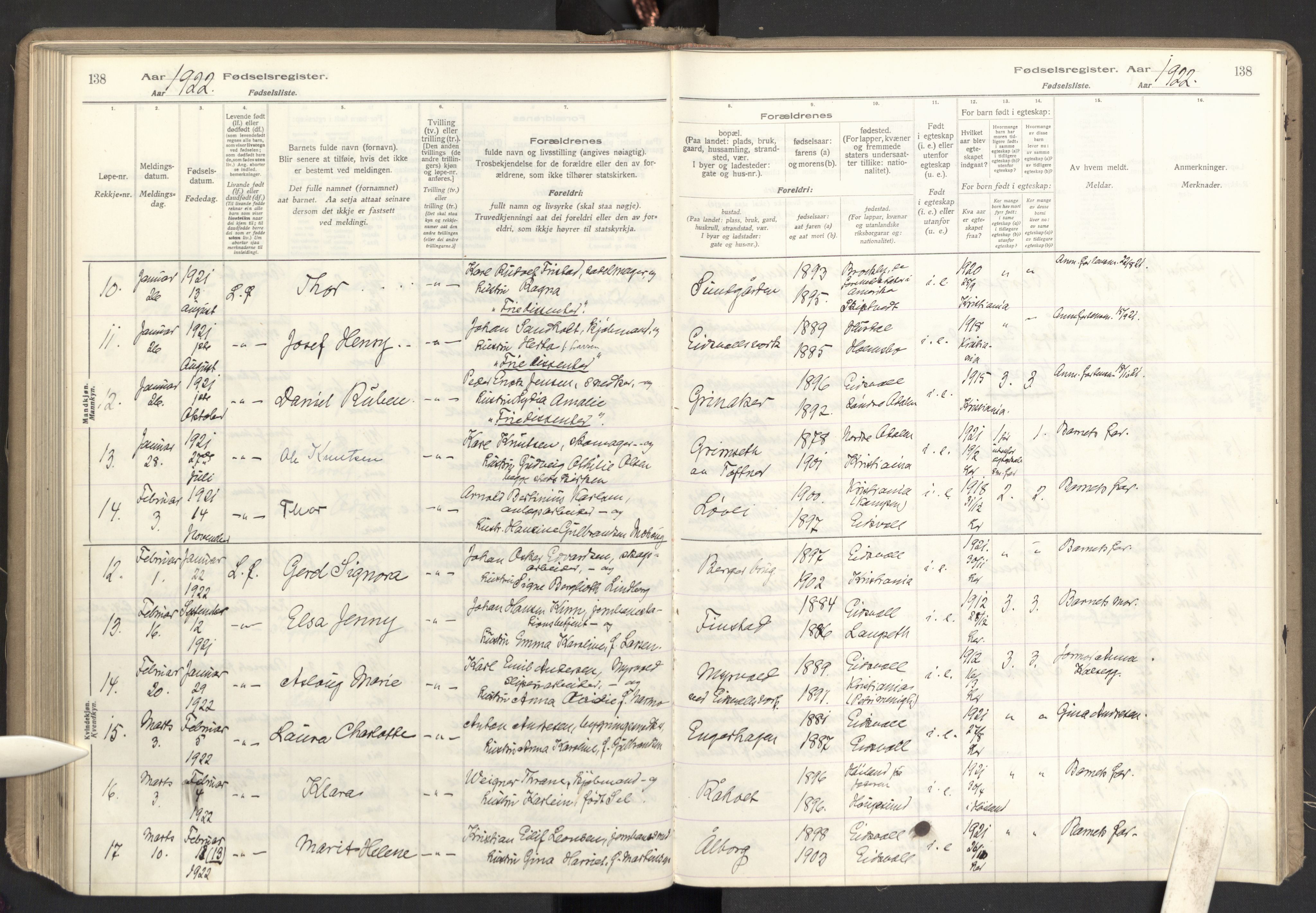 Eidsvoll prestekontor Kirkebøker, SAO/A-10888: Birth register no. I 1, 1916-1924, p. 138