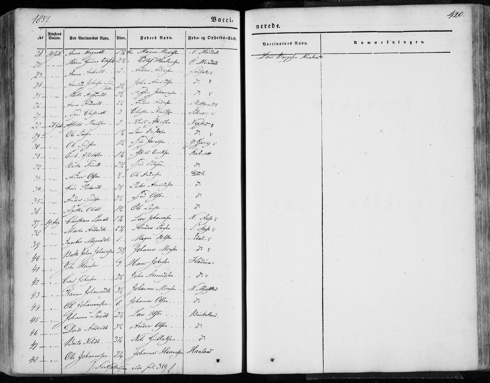 Hamre sokneprestembete, AV/SAB-A-75501/H/Ha/Haa/Haaa/L0013: Parish register (official) no. A 13, 1846-1857, p. 420