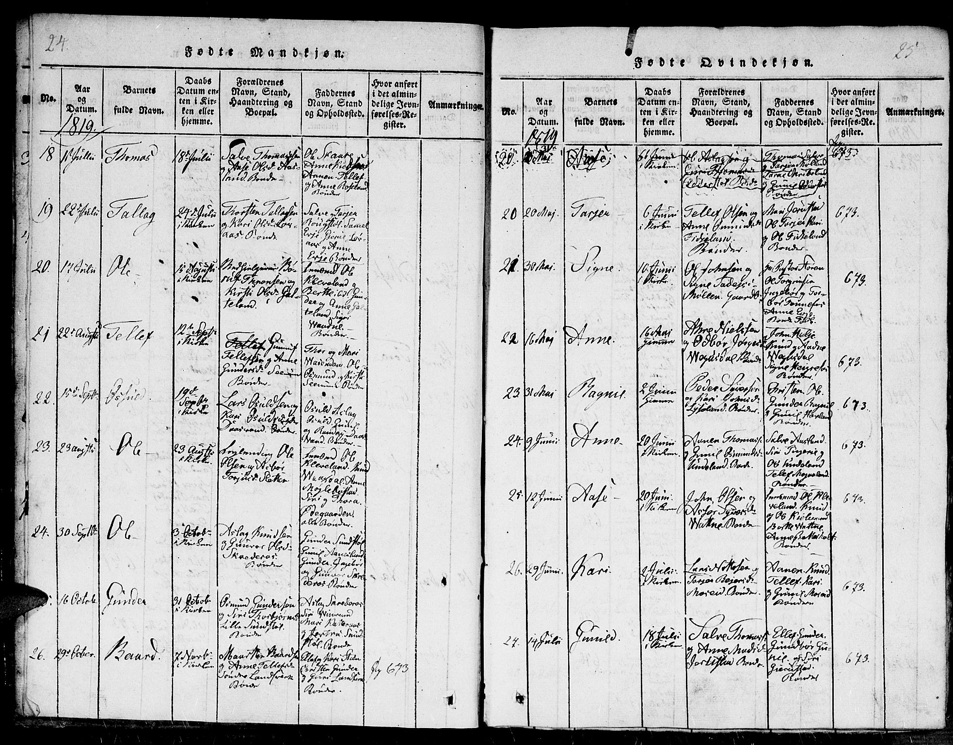 Evje sokneprestkontor, AV/SAK-1111-0008/F/Fb/Fba/L0001: Parish register (copy) no. B 1, 1816-1842, p. 24-25