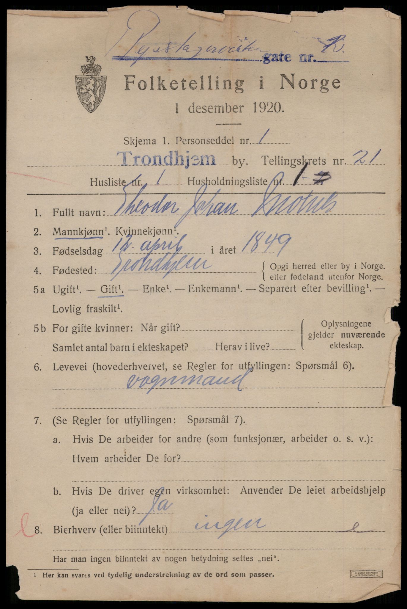 SAT, 1920 census for Trondheim, 1920, p. 61036