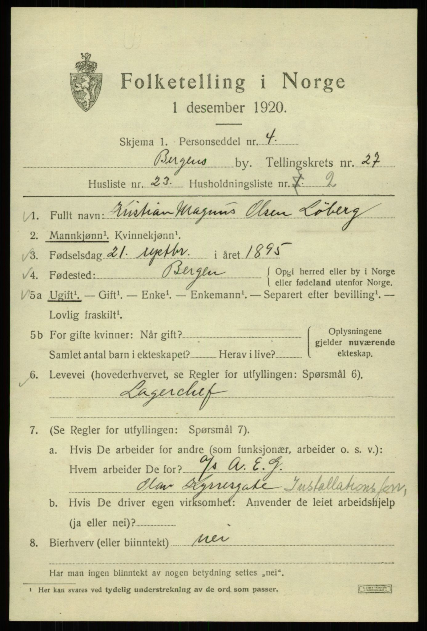 SAB, 1920 census for Bergen, 1920, p. 91777