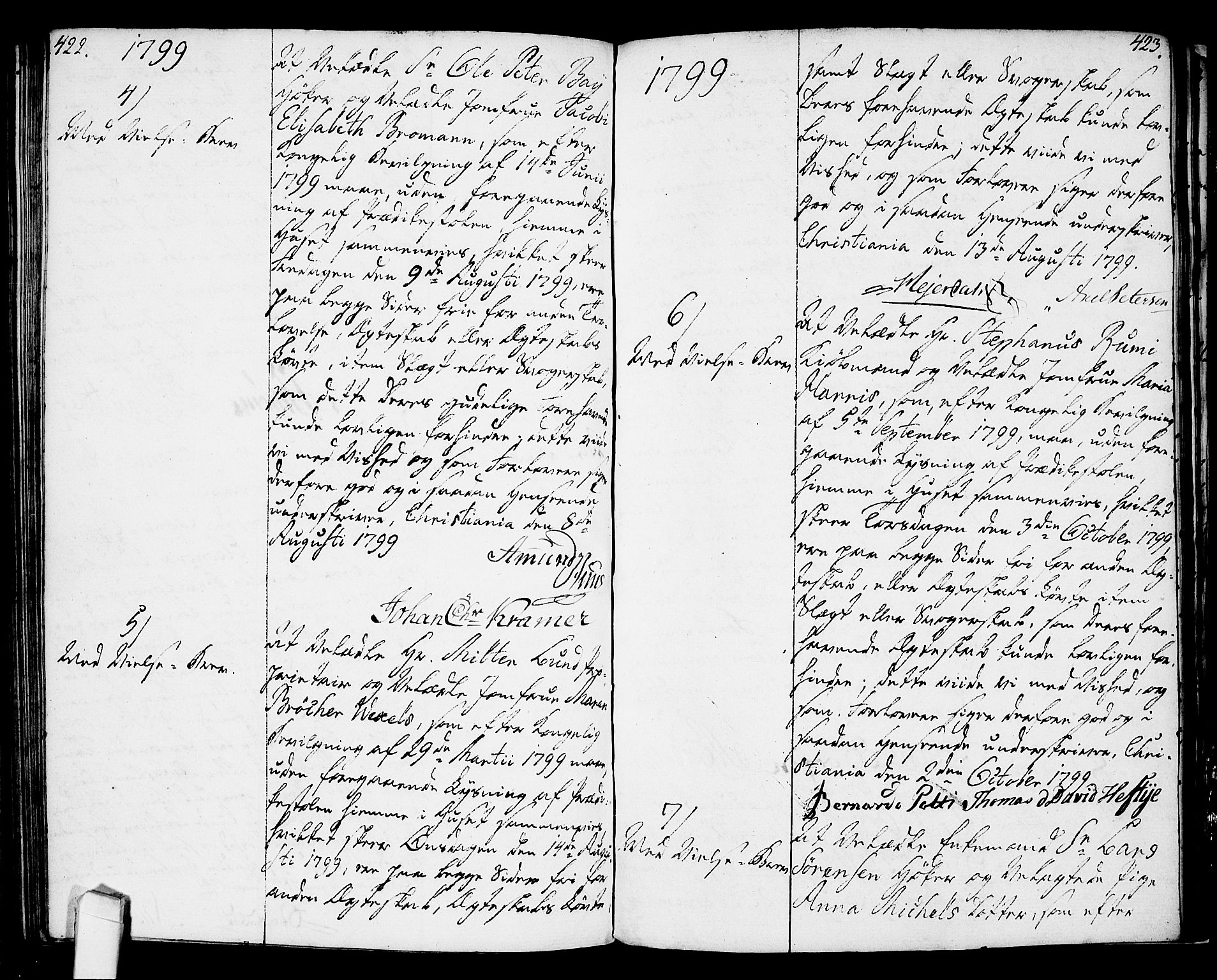 Oslo domkirke Kirkebøker, AV/SAO-A-10752/L/La/L0010: Best man's statements no. 10, 1789-1807, p. 422-423