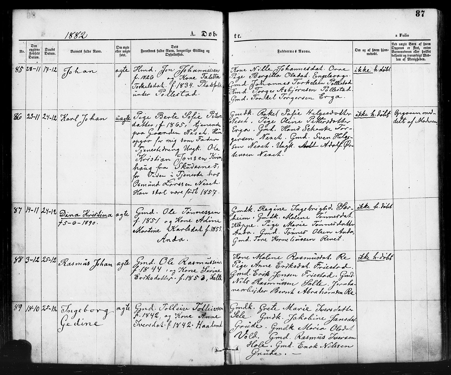 Klepp sokneprestkontor, AV/SAST-A-101803/001/3/30BA/L0006: Parish register (official) no. A 6, 1871-1885, p. 87