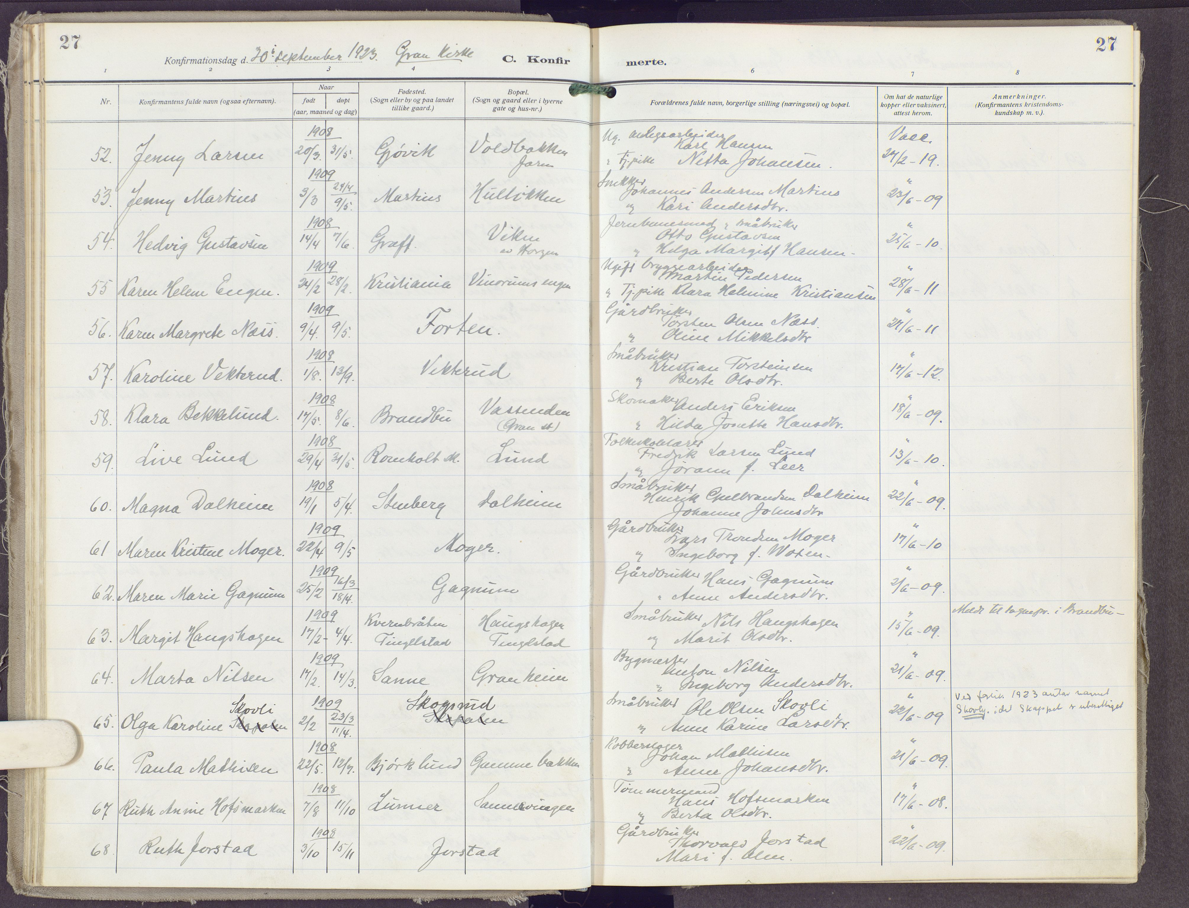 Gran prestekontor, AV/SAH-PREST-112/H/Ha/Haa/L0023: Parish register (official) no. 23, 1919-1938, p. 27