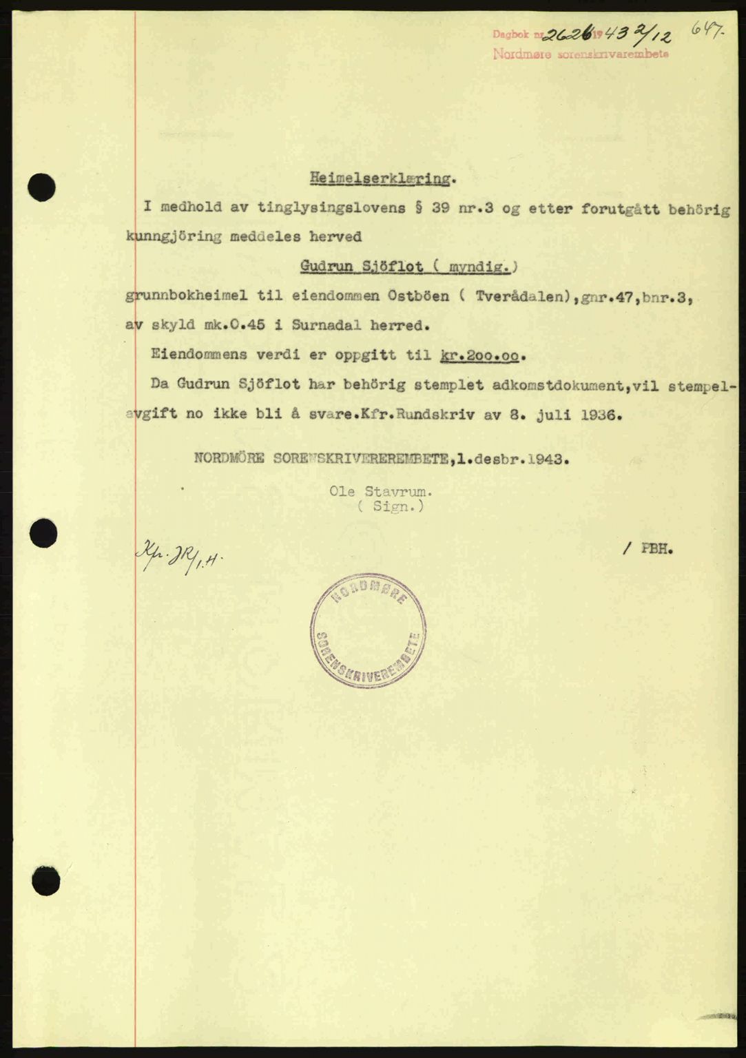 Nordmøre sorenskriveri, SAT/A-4132/1/2/2Ca: Mortgage book no. A96, 1943-1944, Diary no: : 2626/1943
