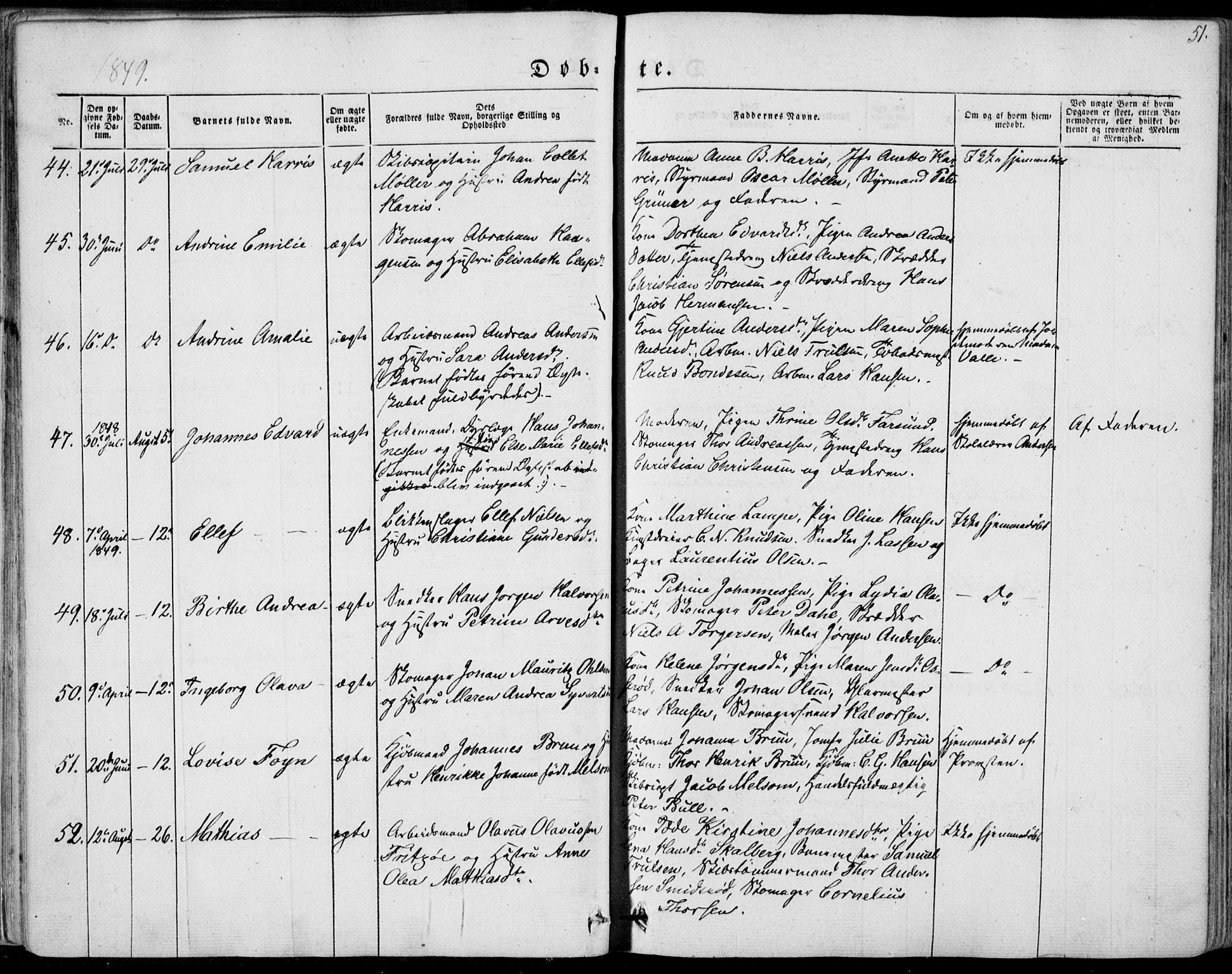 Tønsberg kirkebøker, AV/SAKO-A-330/F/Fa/L0007: Parish register (official) no. I 7, 1845-1854, p. 51