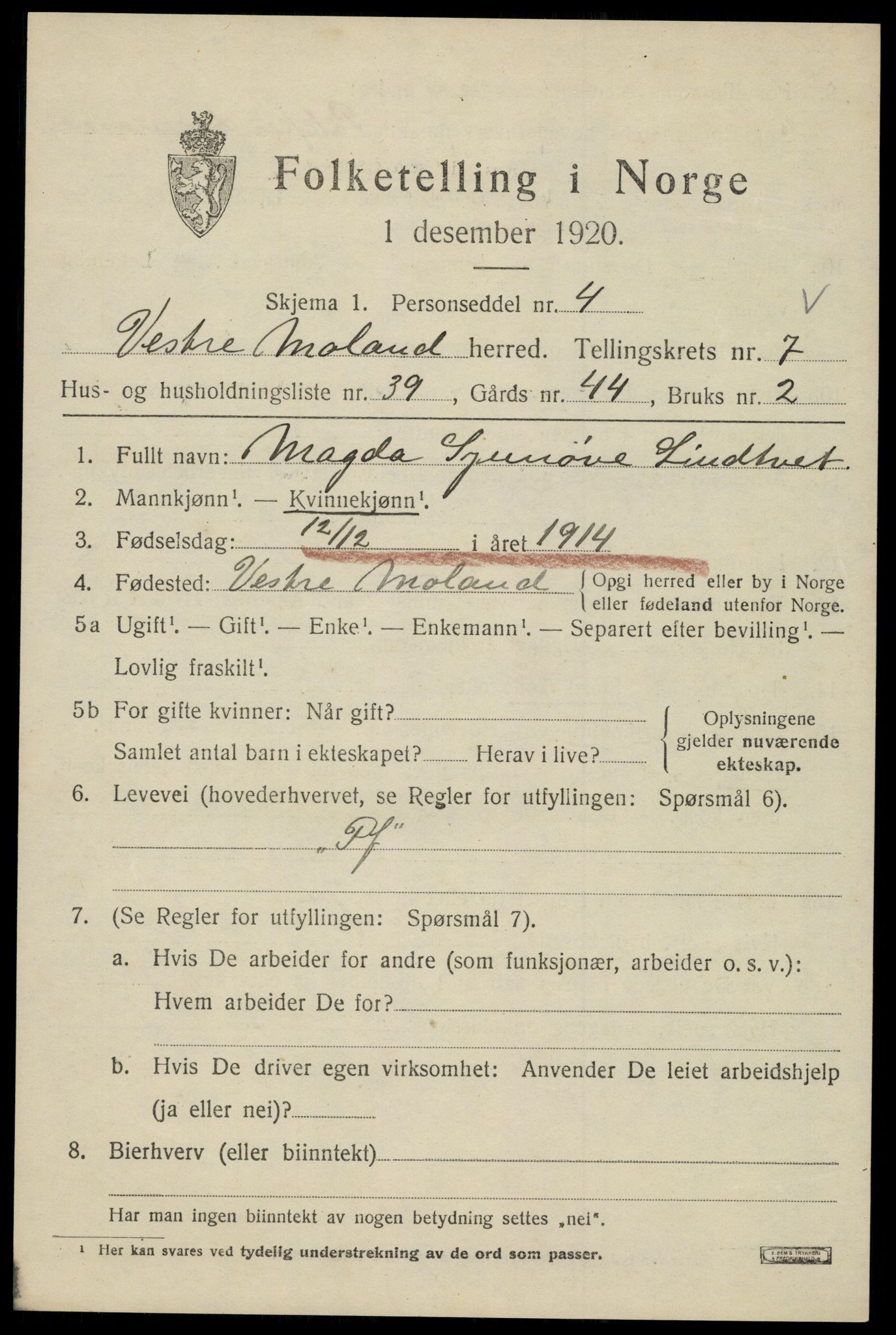 SAK, 1920 census for Vestre Moland, 1920, p. 5201