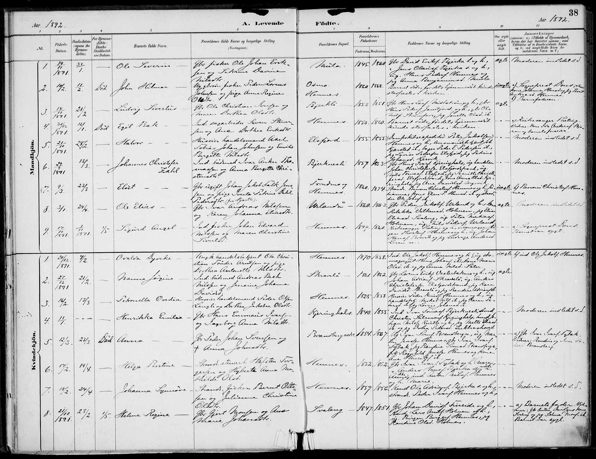 Ministerialprotokoller, klokkerbøker og fødselsregistre - Nordland, SAT/A-1459/825/L0362: Parish register (official) no. 825A16, 1886-1908, p. 38