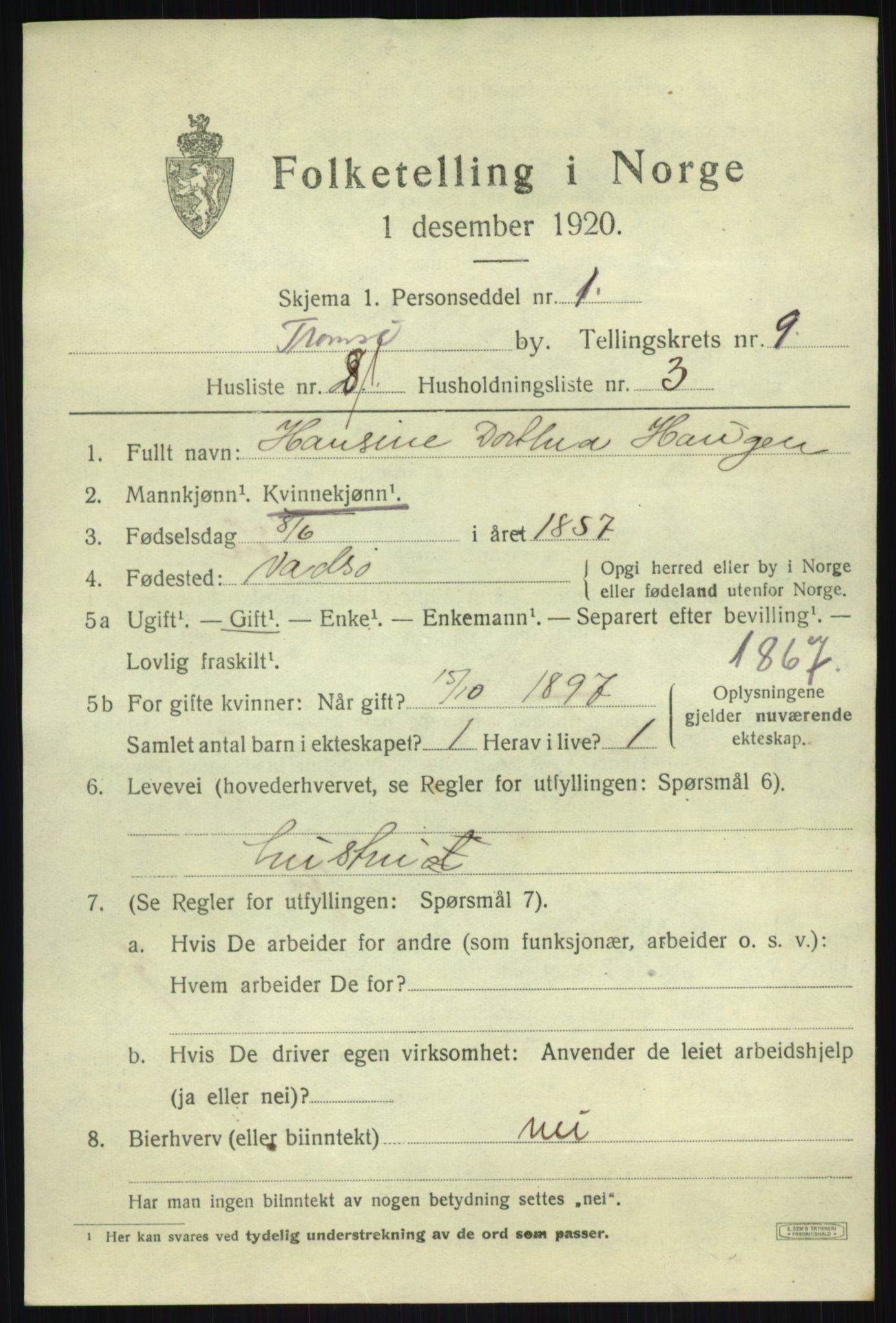 SATØ, 1920 census for Tromsø, 1920, p. 20216