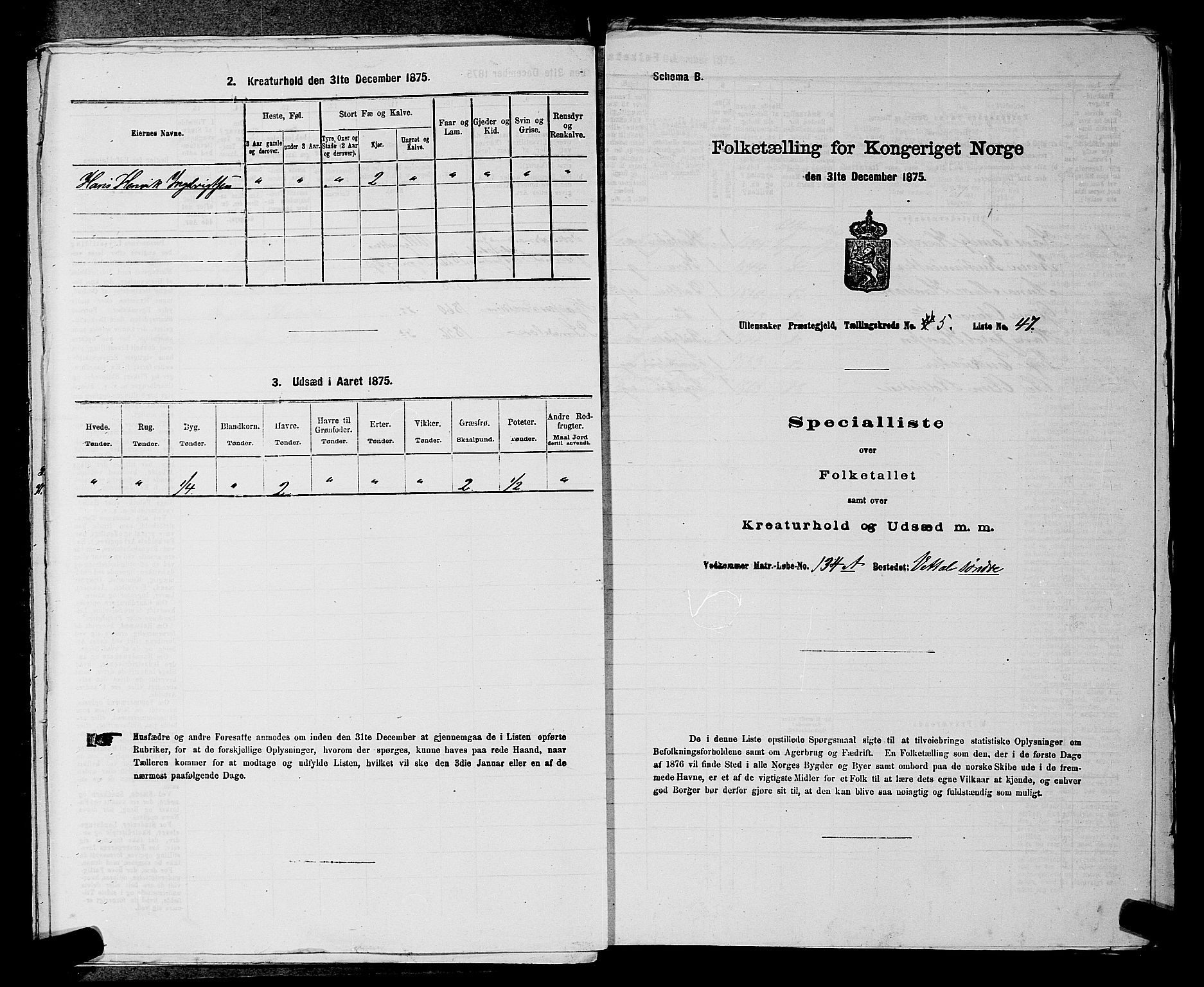RA, 1875 census for 0235P Ullensaker, 1875, p. 694