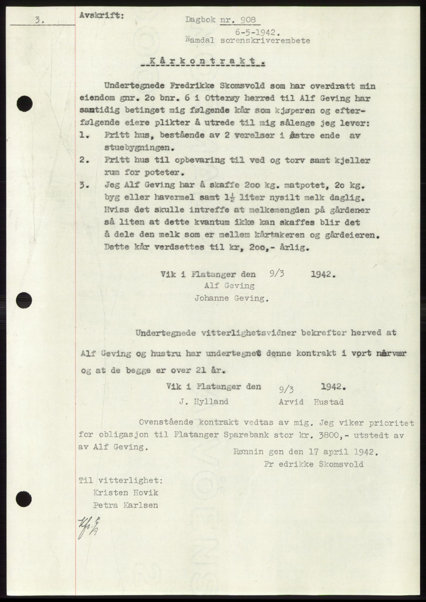 Namdal sorenskriveri, SAT/A-4133/1/2/2C: Mortgage book no. -, 1941-1942, Diary no: : 908/1942