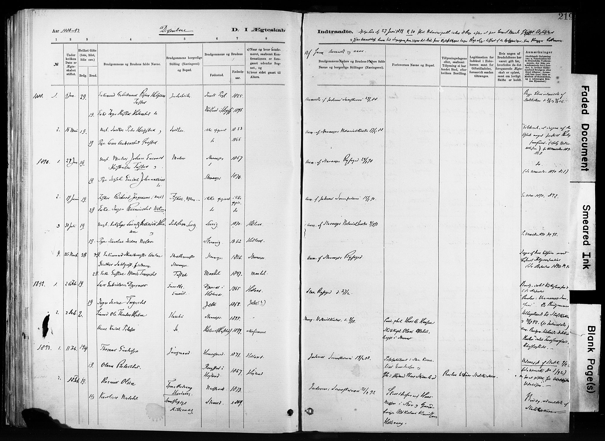 Hetland sokneprestkontor, SAST/A-101826/30/30BA/L0011: Parish register (official) no. A 11, 1884-1911, p. 219
