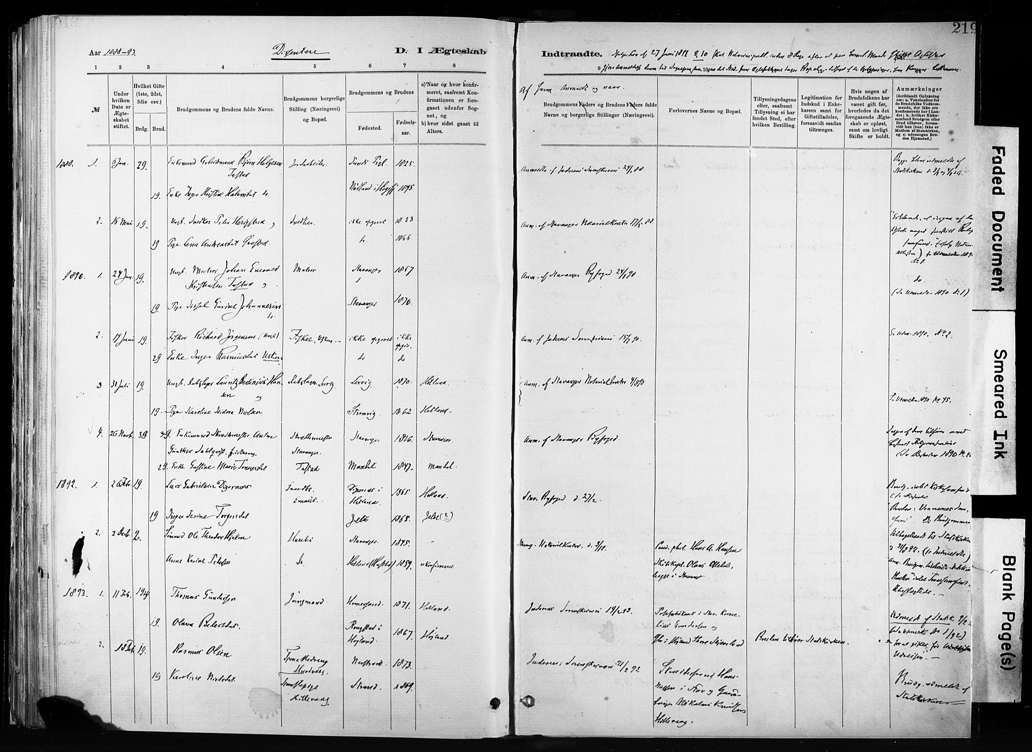 Hetland sokneprestkontor, AV/SAST-A-101826/30/30BA/L0011: Parish register (official) no. A 11, 1884-1911, p. 219