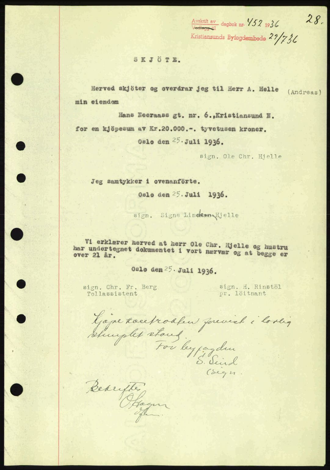 Kristiansund byfogd, AV/SAT-A-4587/A/27: Mortgage book no. 30, 1936-1941, Diary no: : 452/1936