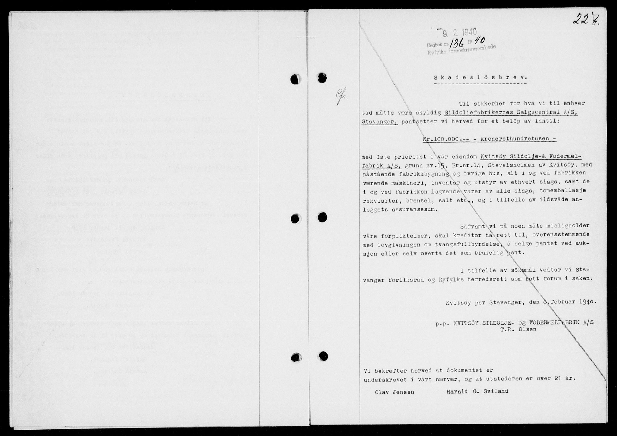 Ryfylke tingrett, SAST/A-100055/001/II/IIB/L0081: Mortgage book no. 60, 1939-1940, Diary no: : 136/1940