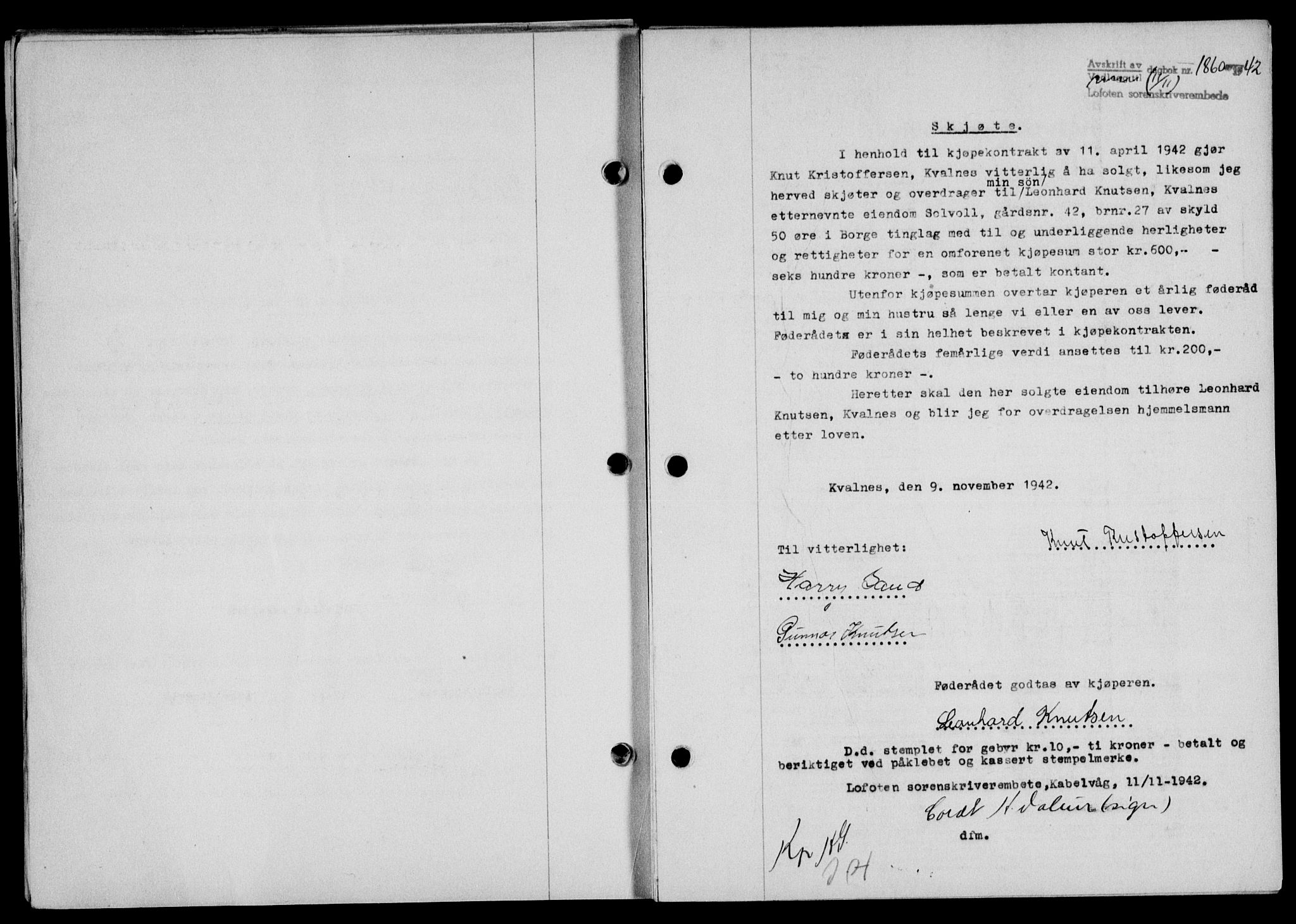 Lofoten sorenskriveri, SAT/A-0017/1/2/2C/L0010a: Mortgage book no. 10a, 1942-1943, Diary no: : 1860/1942