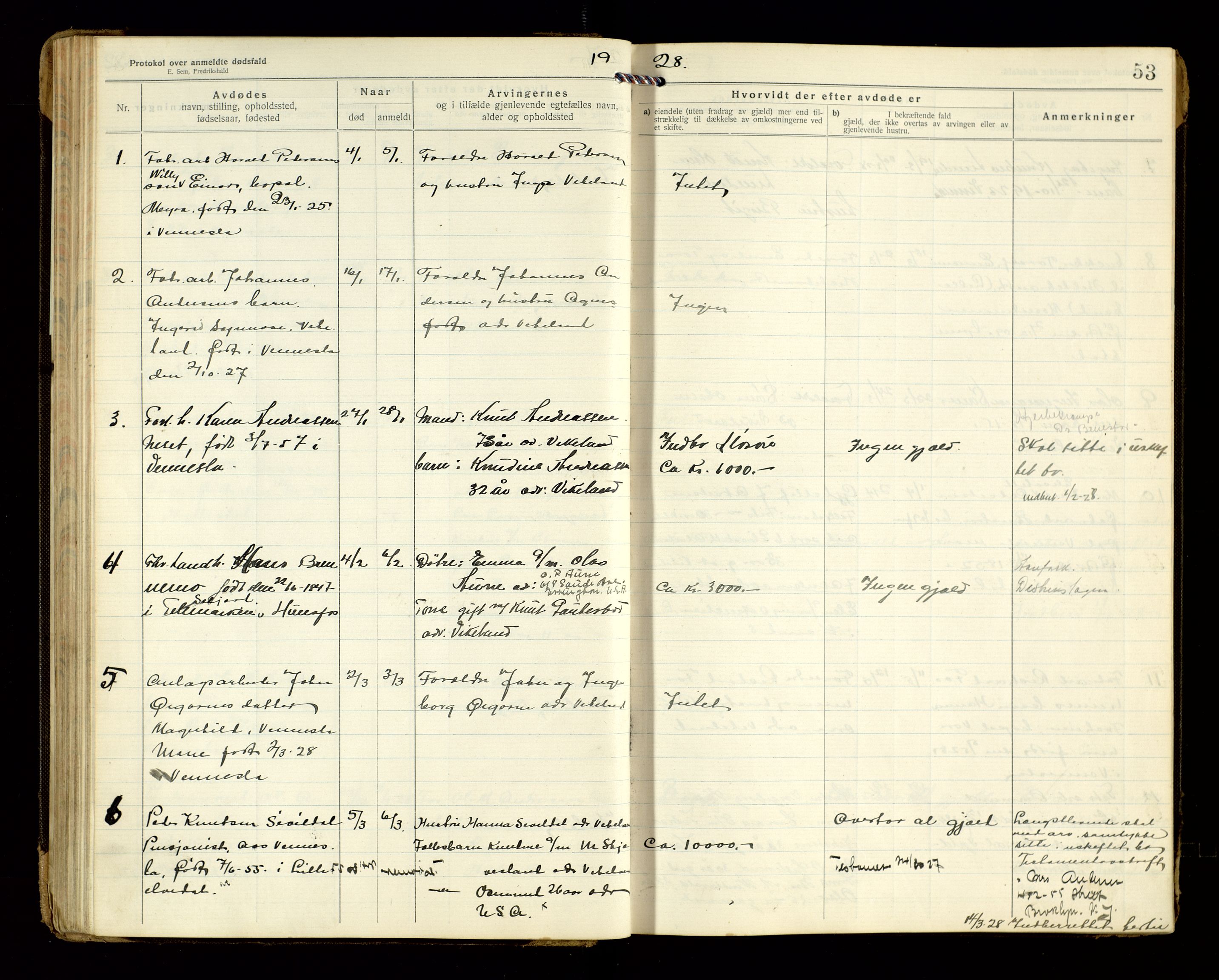 Vennesla og Iveland lensmannskontor, AV/SAK-1241-0050/F/Fe/L0001: Dødsfallsprotokoll nr 7, 1920-1940, p. 53