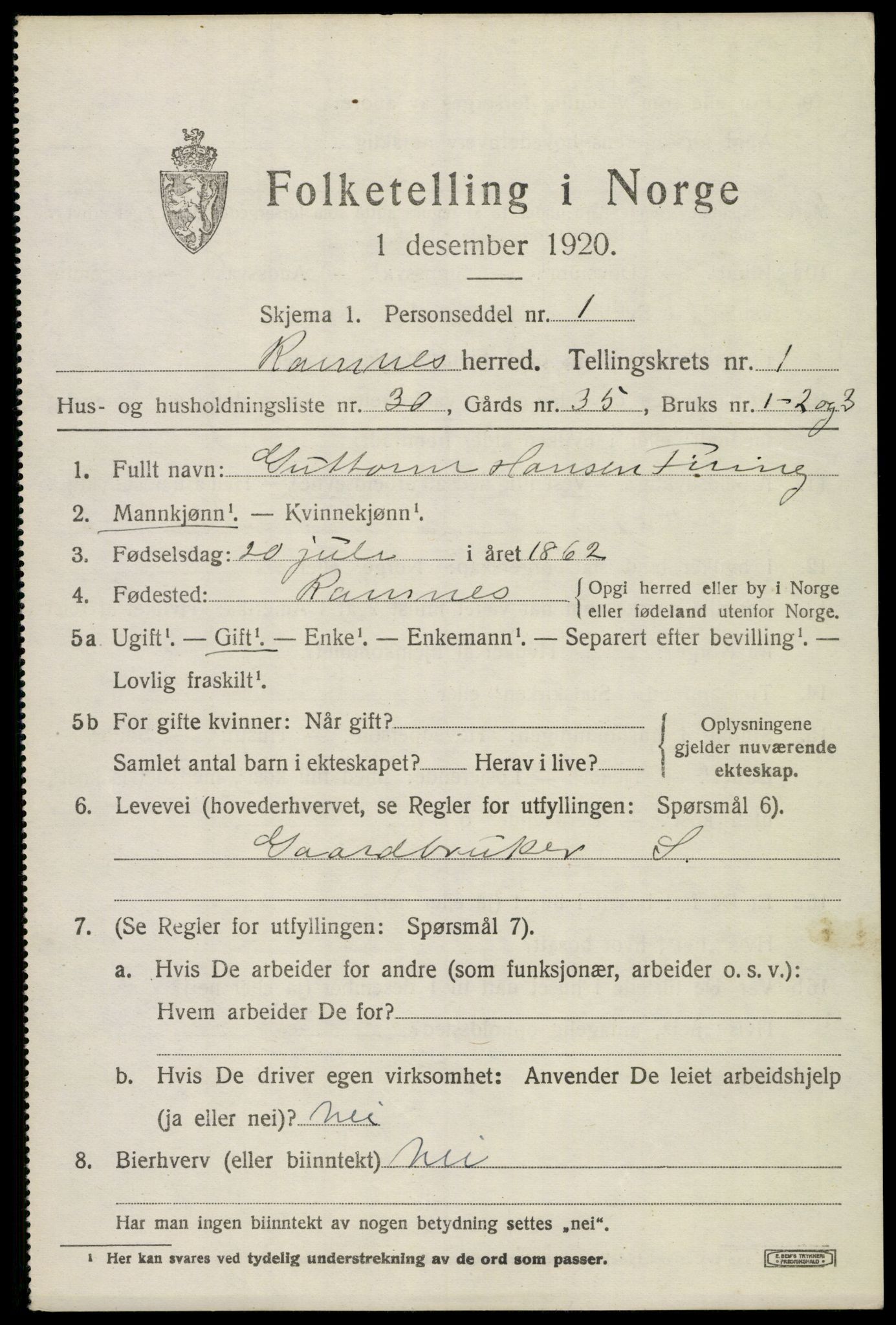 SAKO, 1920 census for Ramnes, 1920, p. 1526