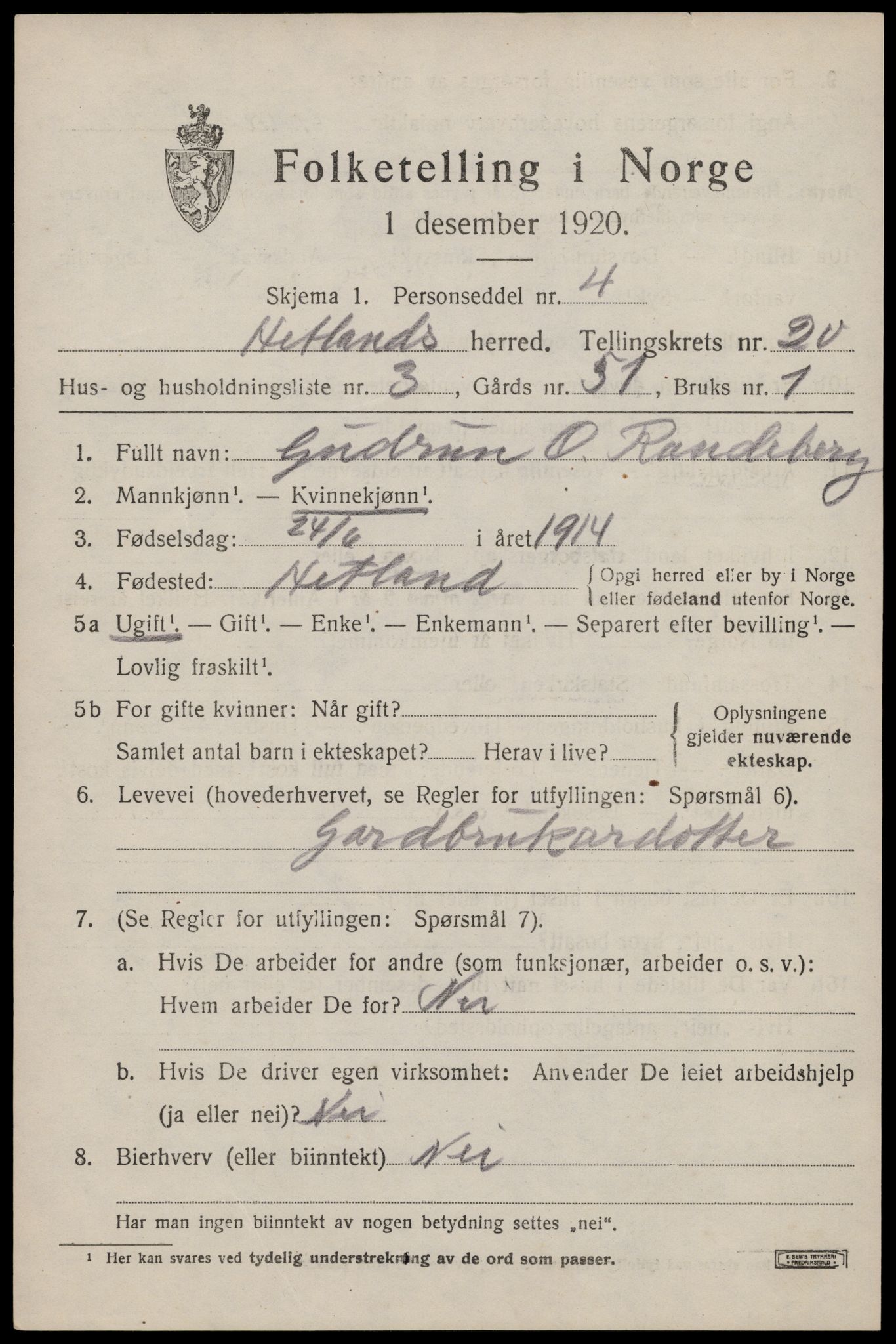 SAST, 1920 census for Hetland, 1920, p. 26481