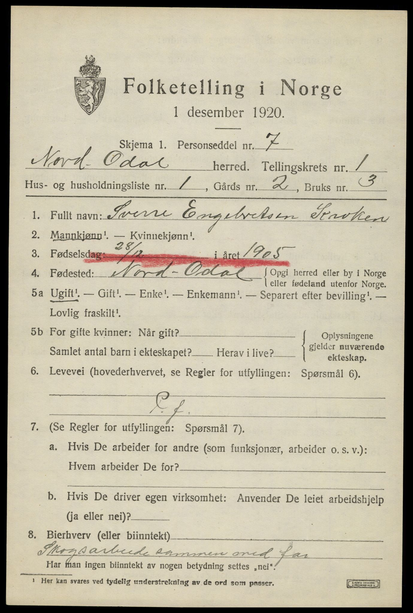 SAH, 1920 census for Nord-Odal, 1920, p. 1811