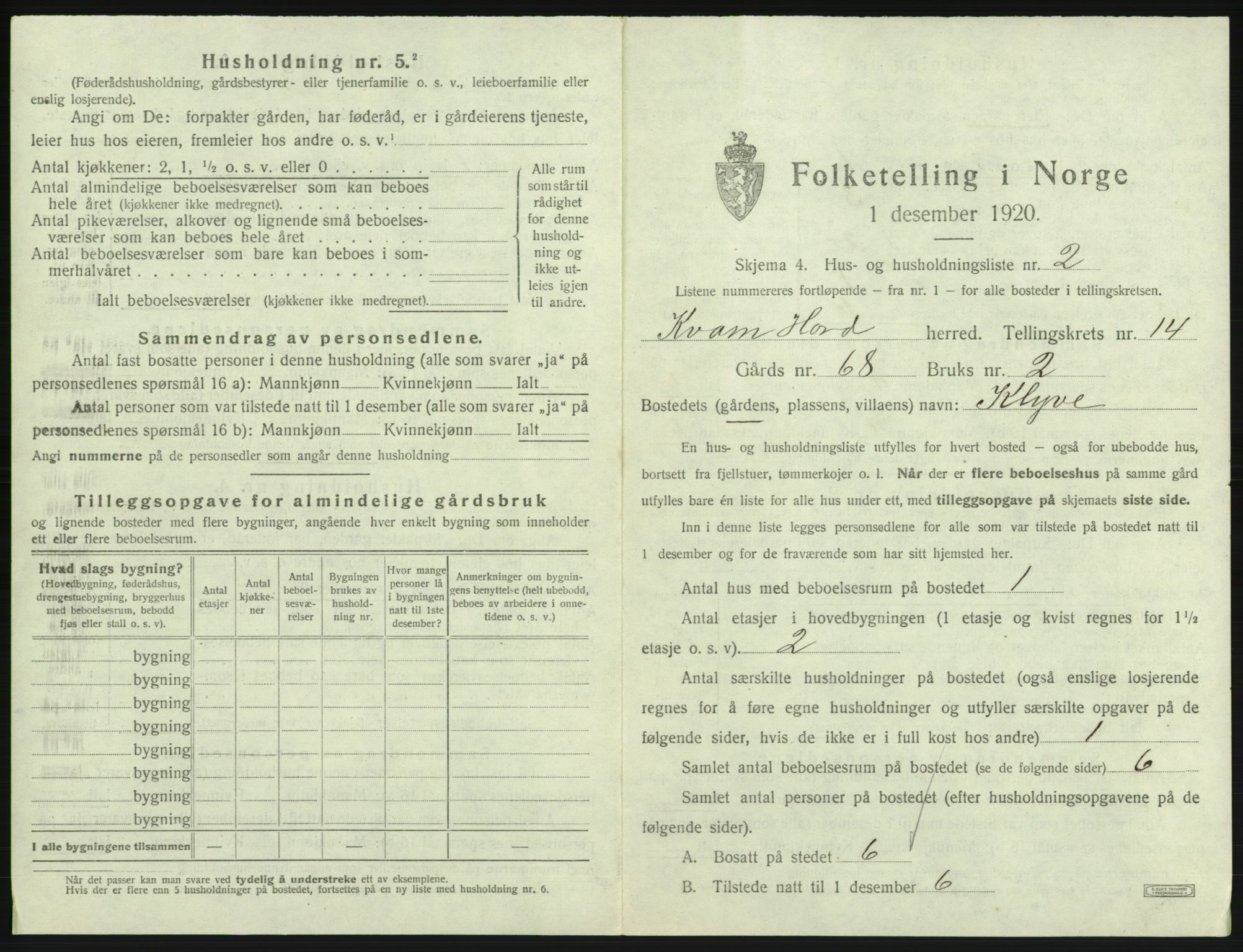 SAB, 1920 census for Kvam, 1920, p. 1155