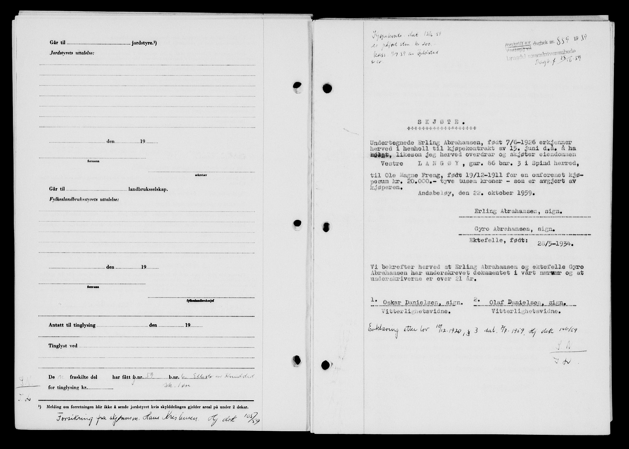 Lyngdal sorenskriveri, AV/SAK-1221-0004/G/Gb/L0679: Mortgage book no. A XXV, 1959-1960, Diary no: : 859/1959